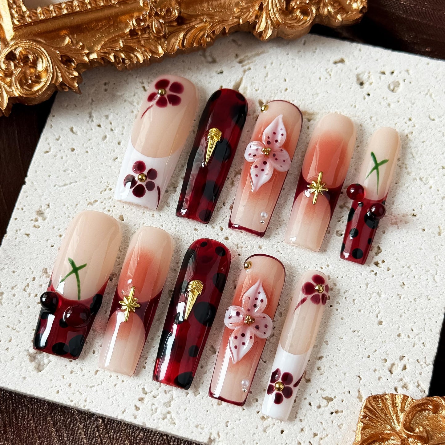 Rouge Sonata 10pcs Press On Nails for Women, Crimson Floral Golden Accent Acrylic UV Gel Wearable Nails, Korean Style Wine Red Gradient Cherry Blossom Fake Nails Set (Dark red, M)