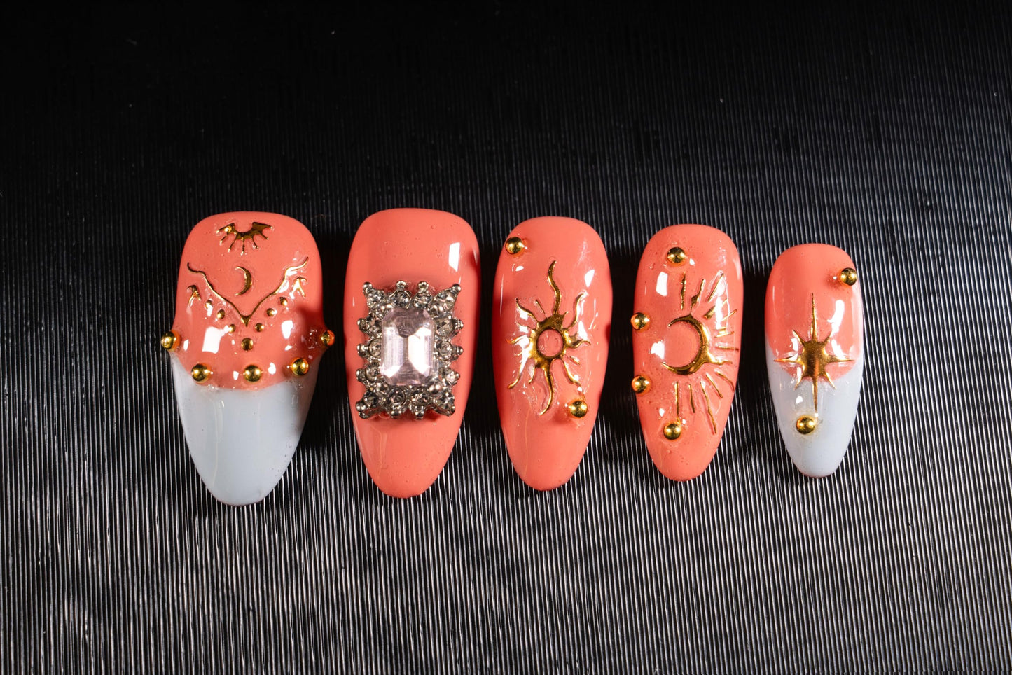 24Pcs Handmade Press on Nails, 3D Coral Pink Fake Nails with Medium Length Almond, Cute Blue French Tips Manicure Kit with Gold Lines for Women