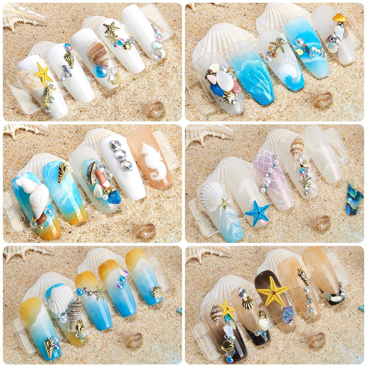 GULELAYAR 3 Boxes Summer Beach Nail Art Rhinestones, 3D Ocean Nail Charms Starfish Conch Sea Series Nail Art Designs Accessories Nail Art Rivets Manicure DIY Seashell Nail Decorations for Women Girls