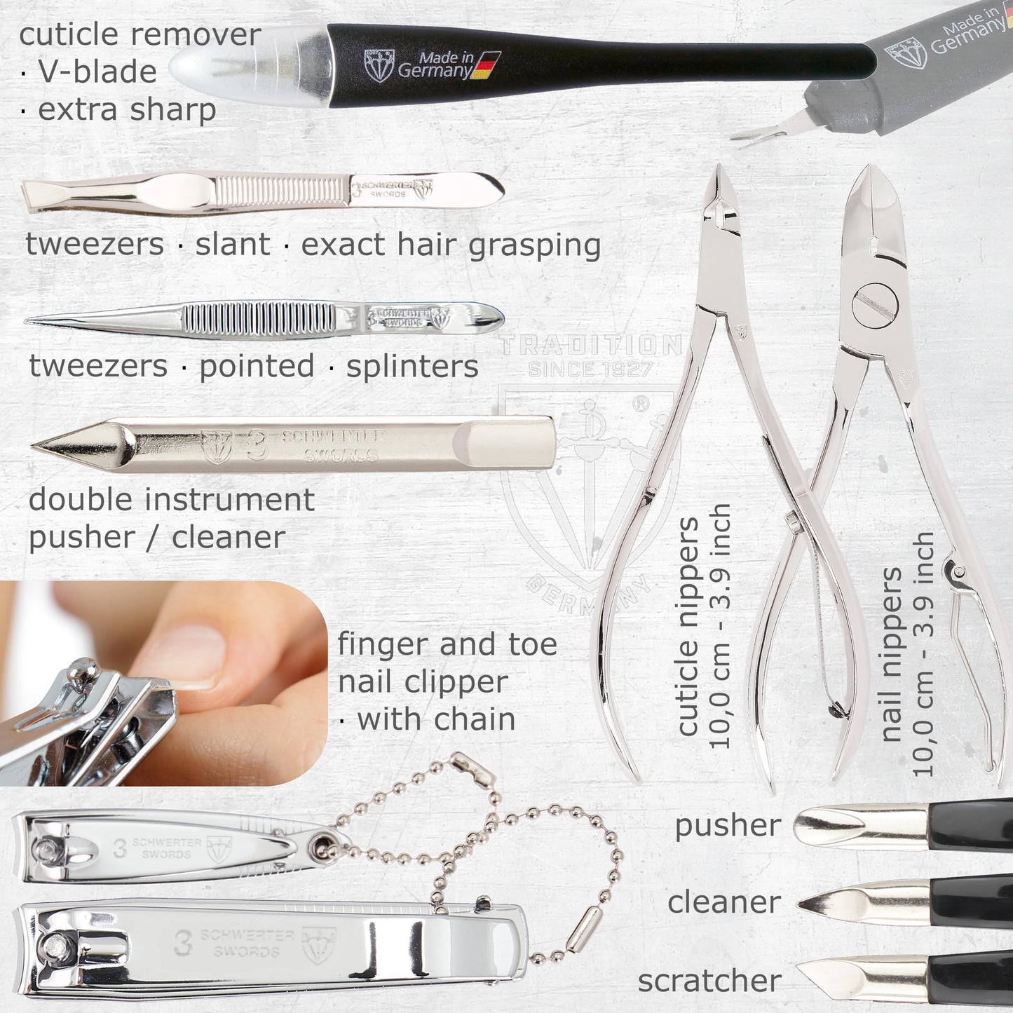 3 Swords Germany - brand quality 16 piece manicure pedicure grooming kit set for professional finger & toe nail care scissors clipper black synthetic leather case, Made in Germany