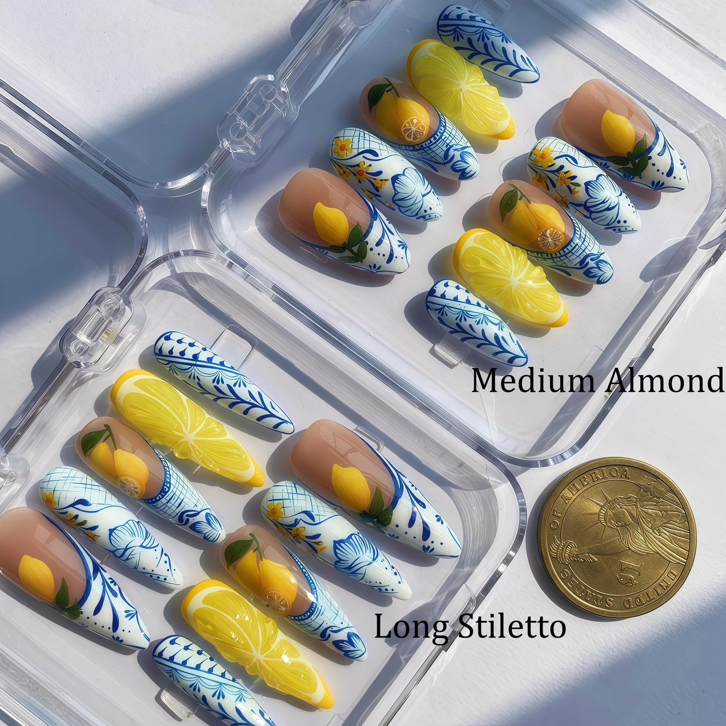 Handcrafted Press On Nails Italian Vacation Style Lemon & Blue Ceramic Pattern 100% Handmade Realistic Artistic Fake Nails With Adhesive Glue Tabs Gifts For Women (Hand-Painted Lemon,Long Stiletto M)
