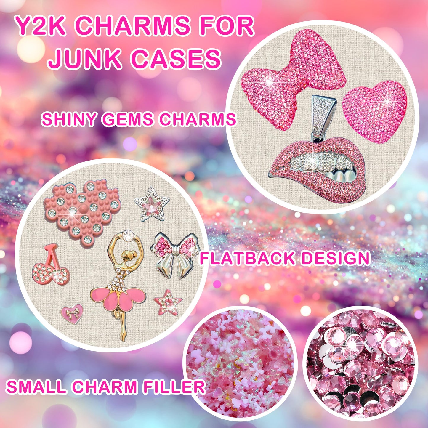 Junk Case Charms Kit, Pink Junks Phones Cases 3D Rhinestone Cool teeth and lips And Bows Chain Bags Hearts And Cross Flowers And Other Bedazzling Kits Can Be Used In DIY Phone Case Designs