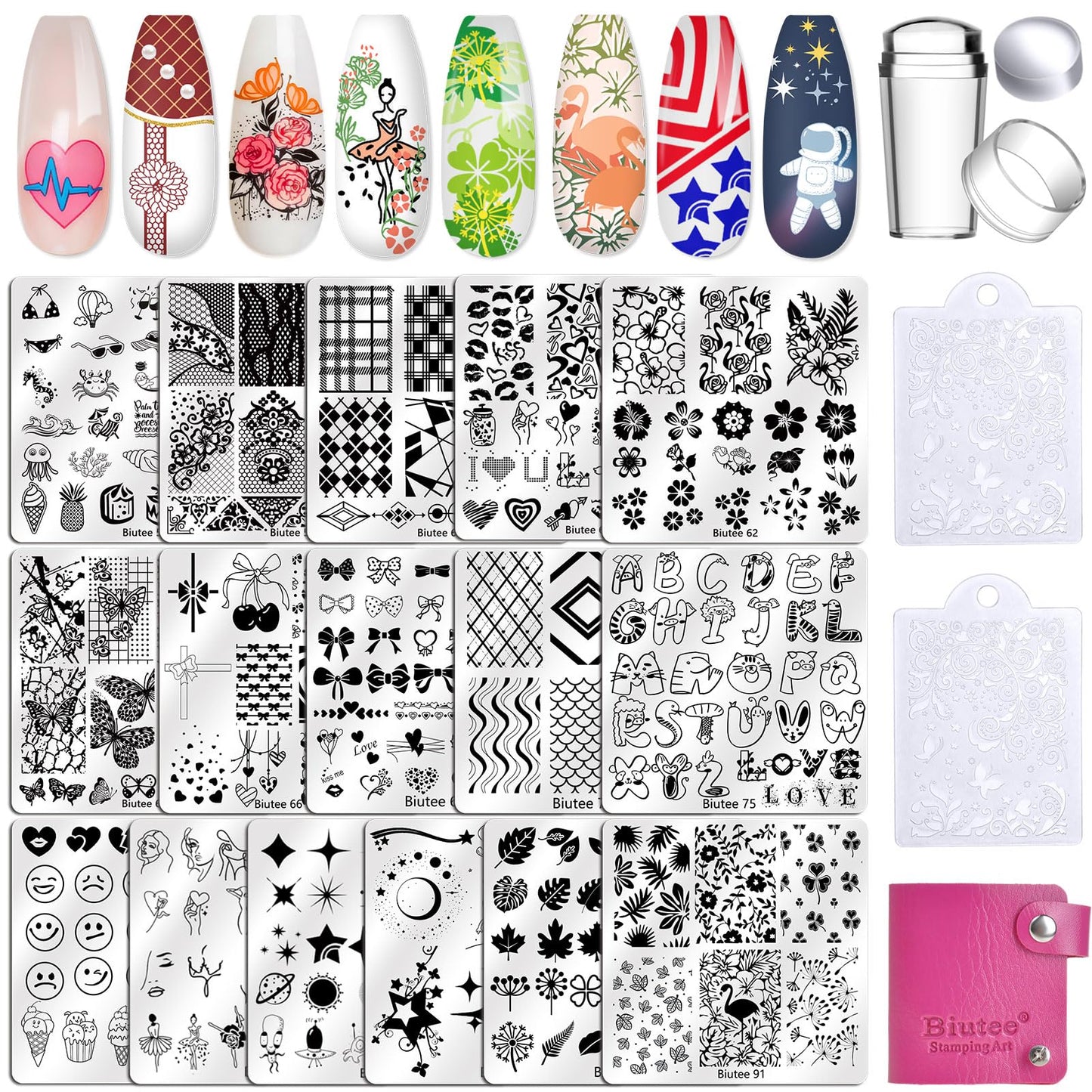 Biutee Nail Stamping Kit with 16 Nail Stamping Plates, Clear Jelly Nail Stamper, 2 Scrapers & Storage Bag, Nail Art Stamping Plate Set with Floral Geometric Beach Designs for DIY Manicure
