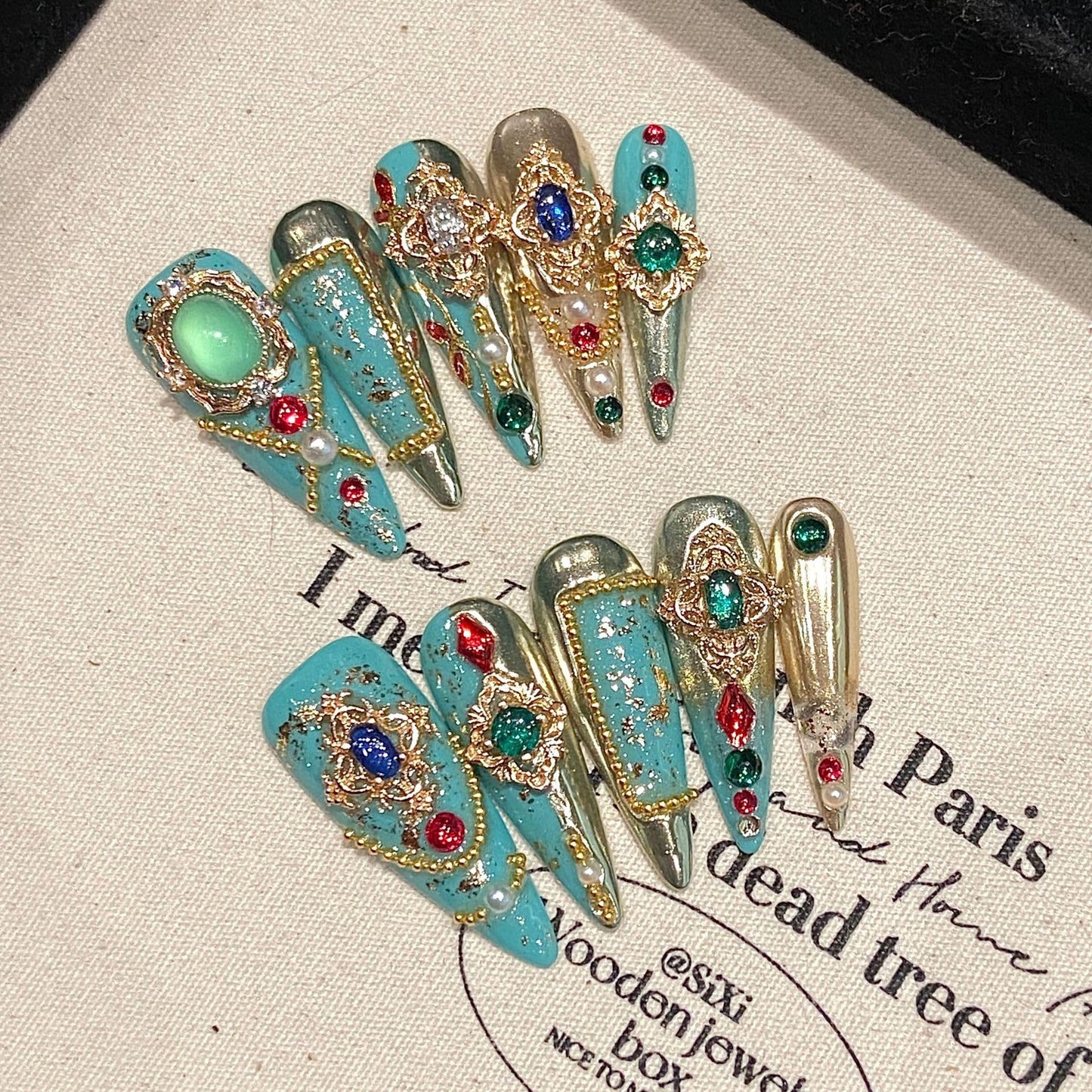 TENPAL Handmade Palatial Press On Nails Long Stiletto,Heirloom Chrysoberyl & Ruby Inlaid Artisan Cameo Designs,Reusable Wedding Fake Nails for Bride 10Pcs with Tools Kit(XS)