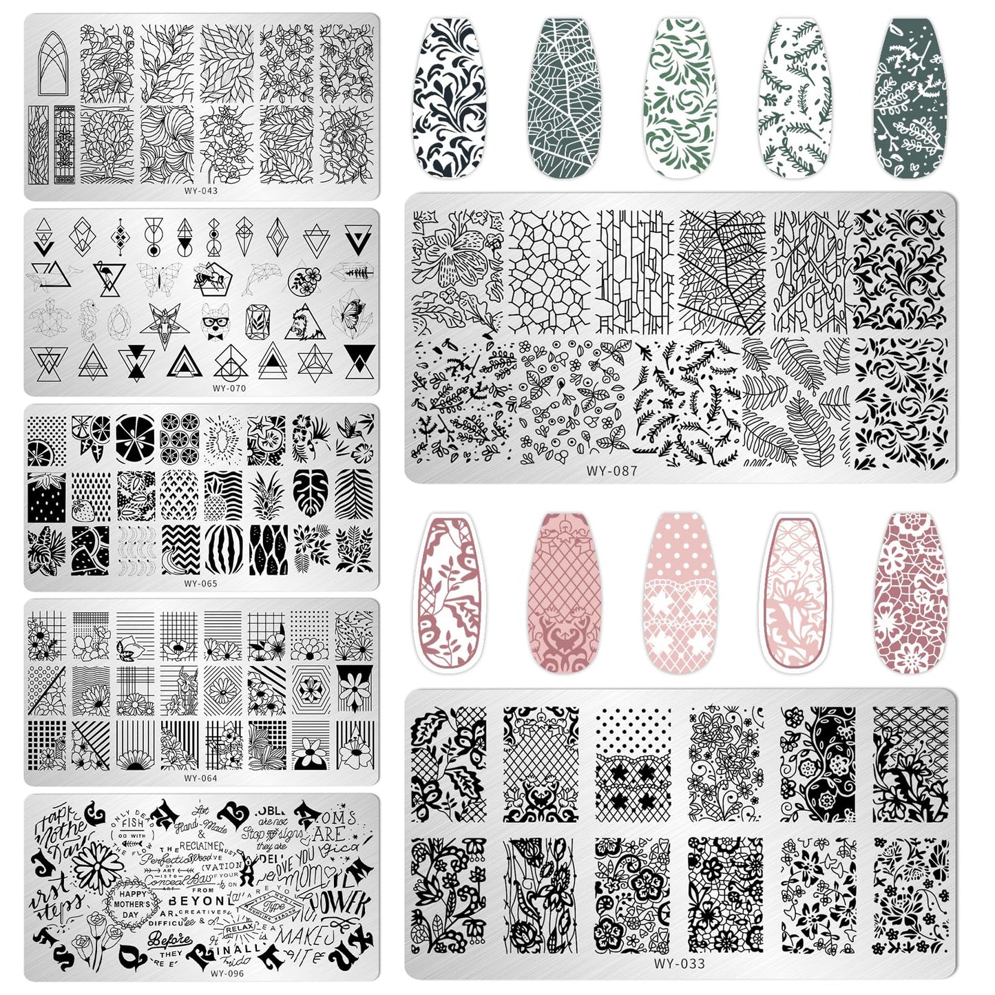 AddFavor Nail Stamping Plate Kit with Nail Stamp and Scraper, 6pcs Leaf Fruit Geometric Nail Stamper Kit for Home Salon Manicure Polish Print Stencils Design Tools