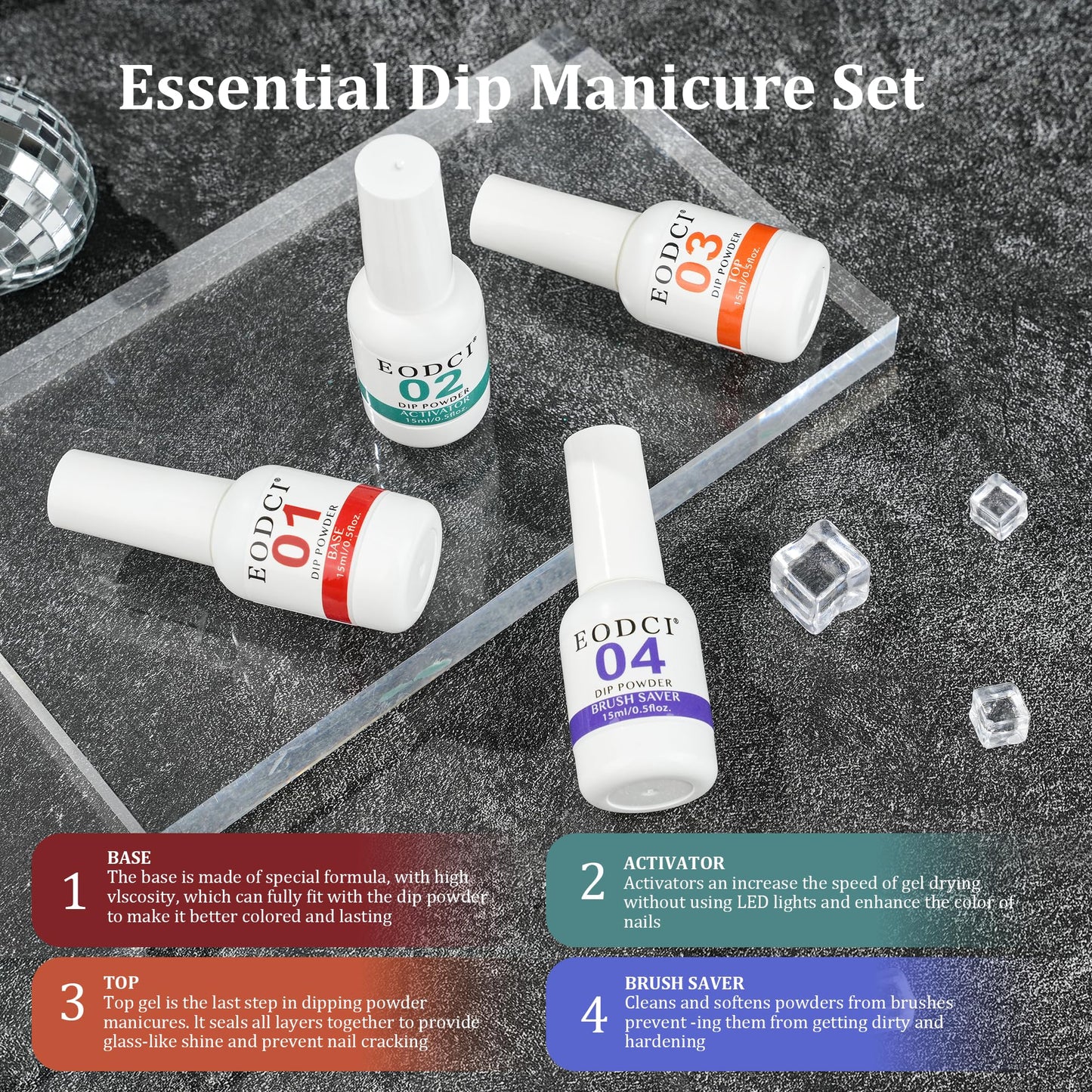 Eodci Dip Powder Nail Kit Starter, 6 Colors Glitter Dark Black White Dipping Powder Kit With Base & Top Coat/Activator/Brush Saver, Nail Art Manicure Salon DIY for Daily at Home Party Gifts for Women