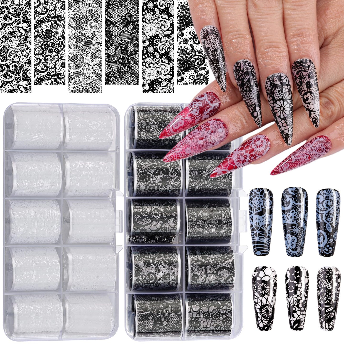 20 Rolls Lace Nail Foil Sheets, Black and White Flower Nail Transfer Foil, Nail Art Decals and Holographic Foils for DIY Acrylic Nails, Manicure Stickers and Nail Decoration for Women