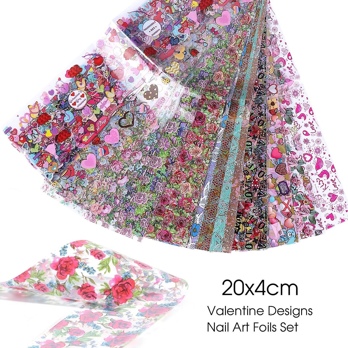 Rose Flower Nail Foil Transfer Nails Art 50PCS Valentine's Day Nail Art Foils Sheets Love Heart Lips Designs Stickers Starry Sky DIY Valentines Decals for Women Acrylic Supplies Manicure Decoration