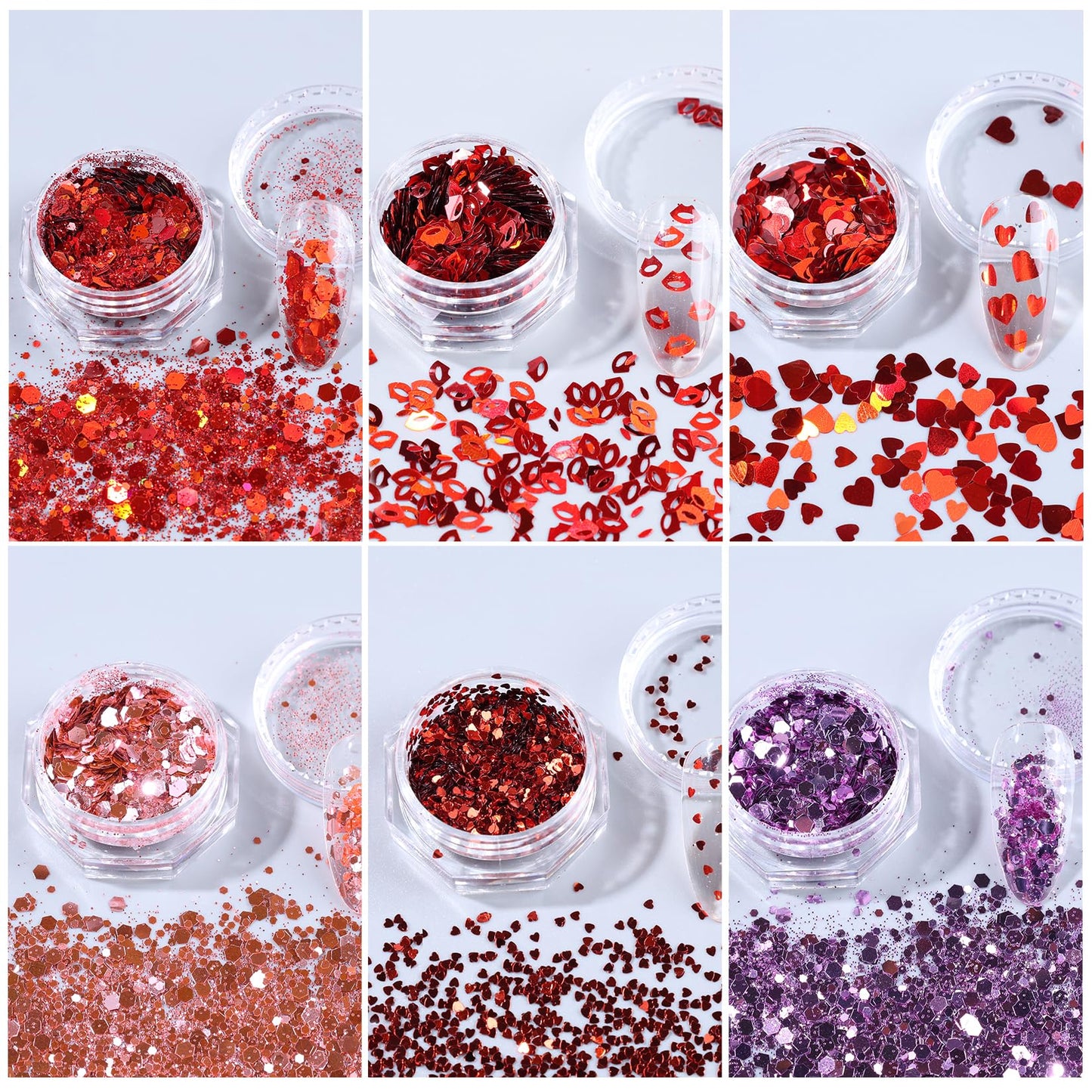 Red Pink Nail Glitter Powder 12 Boxes Cute Glitter for Nails Romantic Heart Lips Flakes for Nails Sugar Reflective Powder DIY Nail Art Decoration Wedding Valentine's Day Accessories