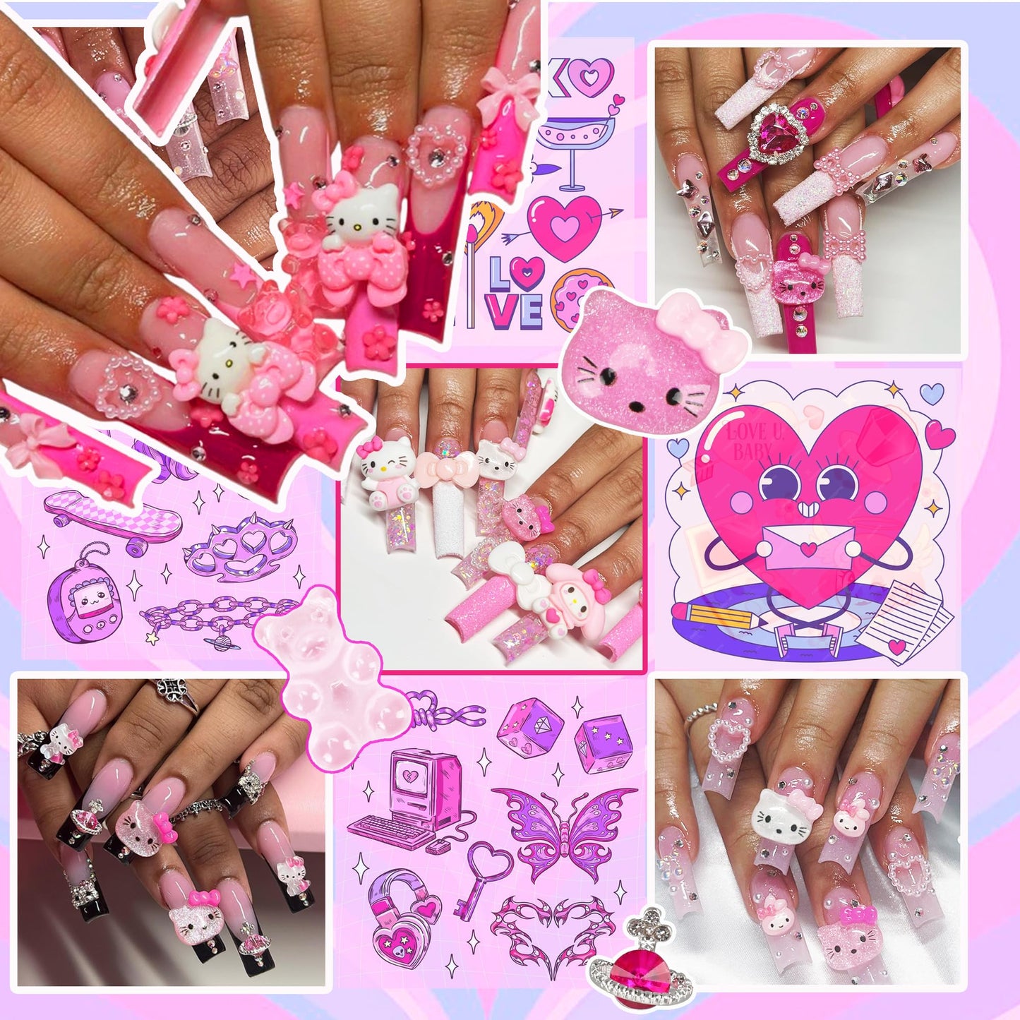 3D Pink Nail Charms Bulk Gummy Bear Butterfly Bow Assorted Nail Charms Set Planet Cherry Gems Cute Heart Star Pearls Nail Charms for Nail Art DIY Supplies Accessories