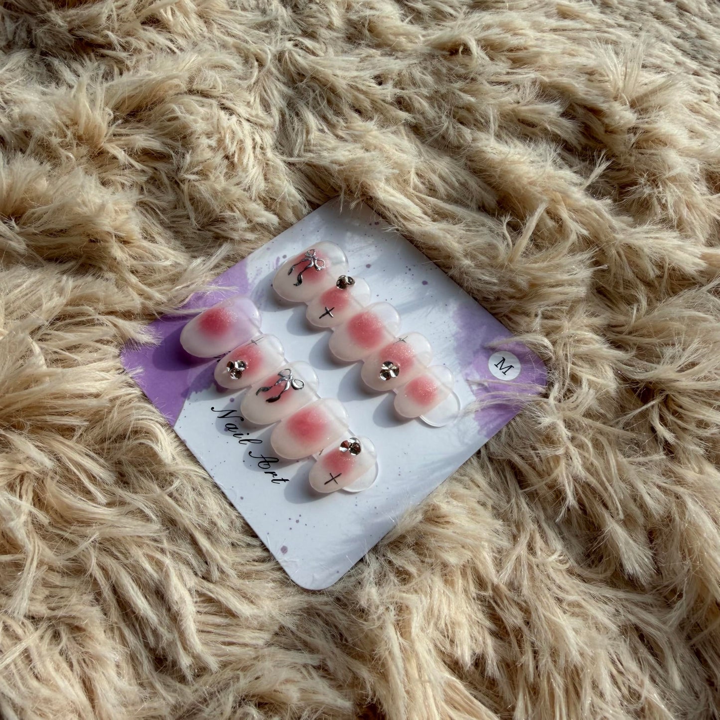 Handmade Wearing Armor Light Pink High end Style Atmosphere Bow Three dimensional Short Relief Nail Patch Medium Size