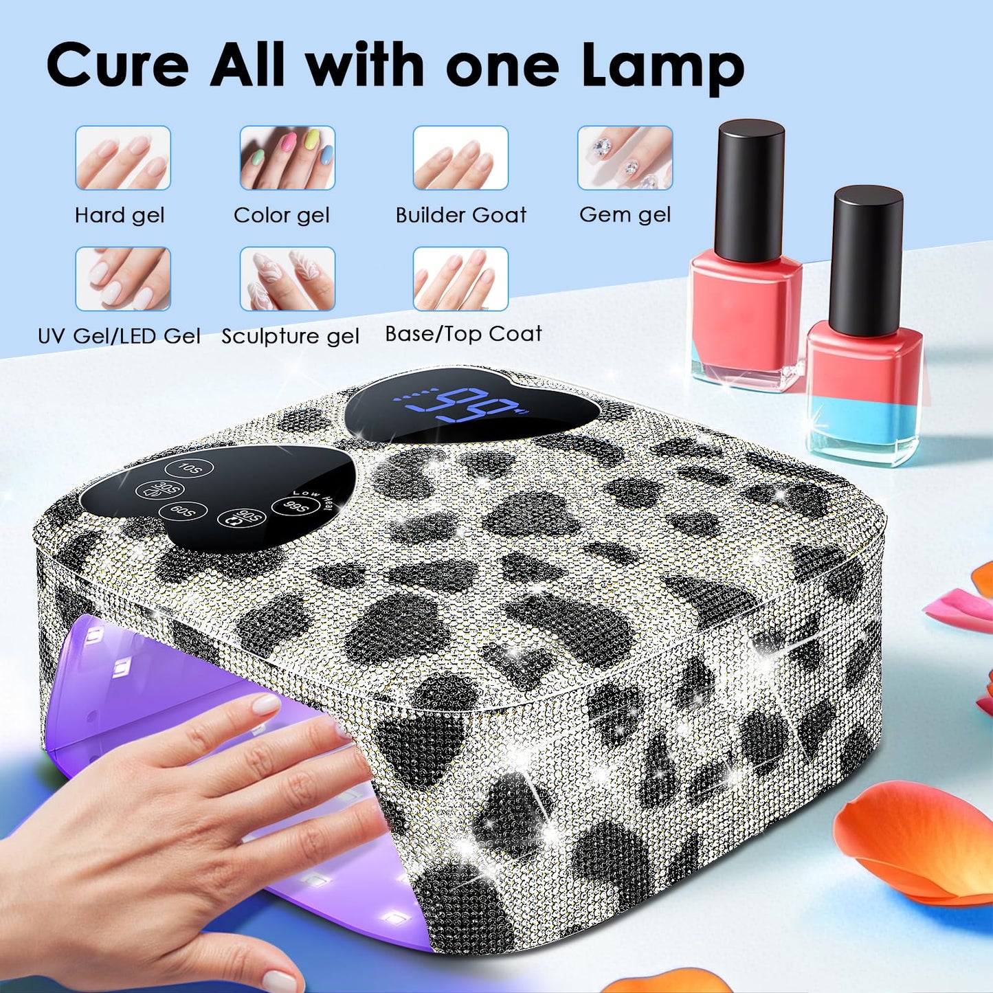 UV LED Nail Lamp Cordless, HUITINE 80W Rechargeable UV Light for Gel Nails with 5 Timers & Mirror Base, Professional Gel Light Dryer, Sparkling Rhinestones Curing Lamp for Salon & Home (Cow Diamond)