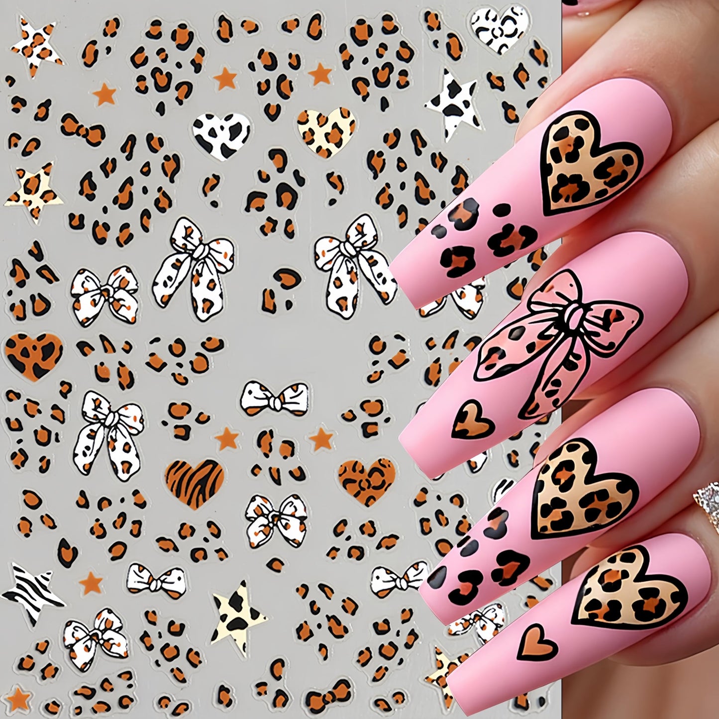 6 Sheets Leopard Print Bow Nail Stickers 3D Self-Adhesive Brown White Bow Tie Nail Decals Cute Bow Star Heart Nail Design Valentines Manicure Accessories Nail Art Stickers for Women Nail Decorations