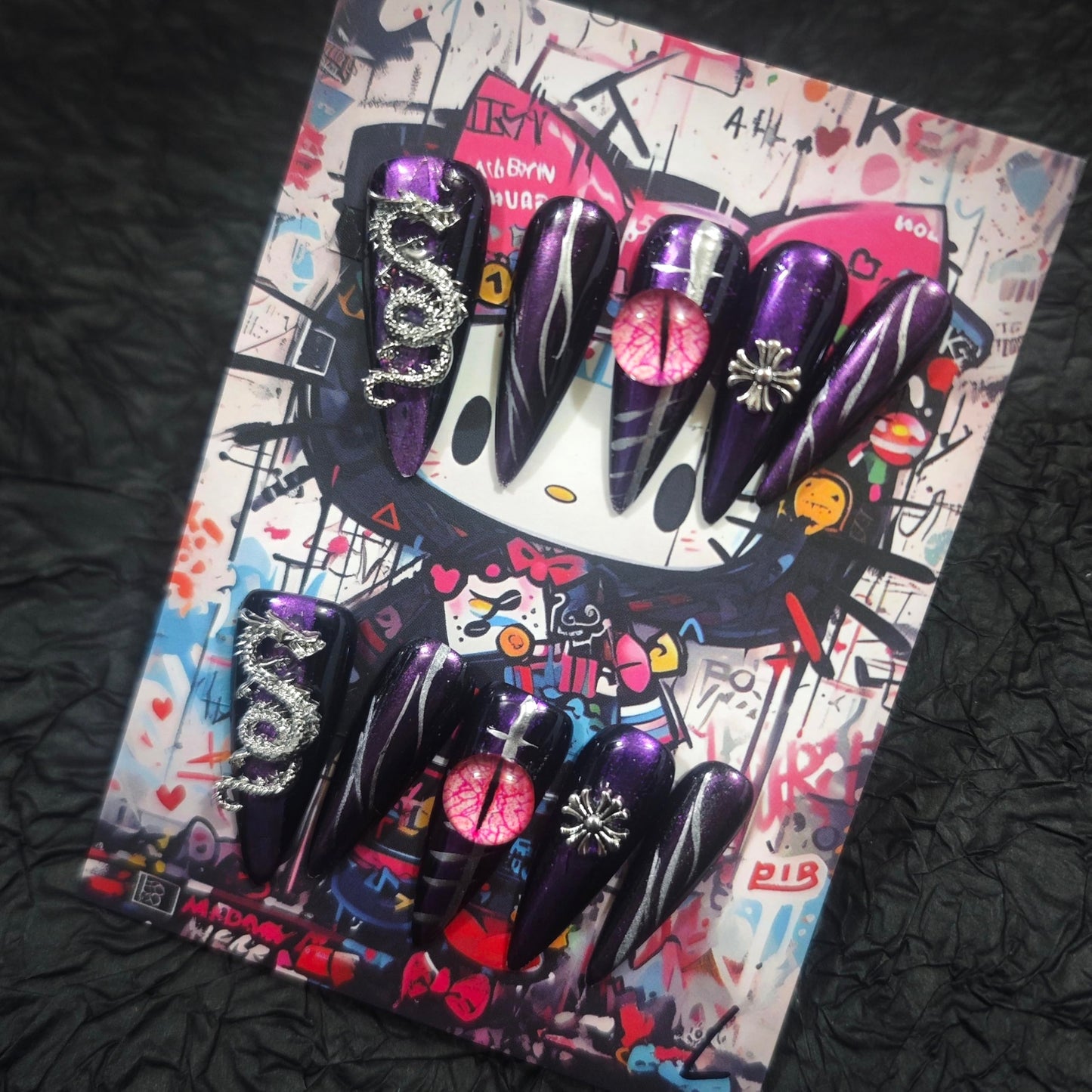 Handmade Press On Nails 10Pcs Dark Gothic Style Manual Starlight Fake Nails for Women Party Holiday Photo 3.2CM Size M