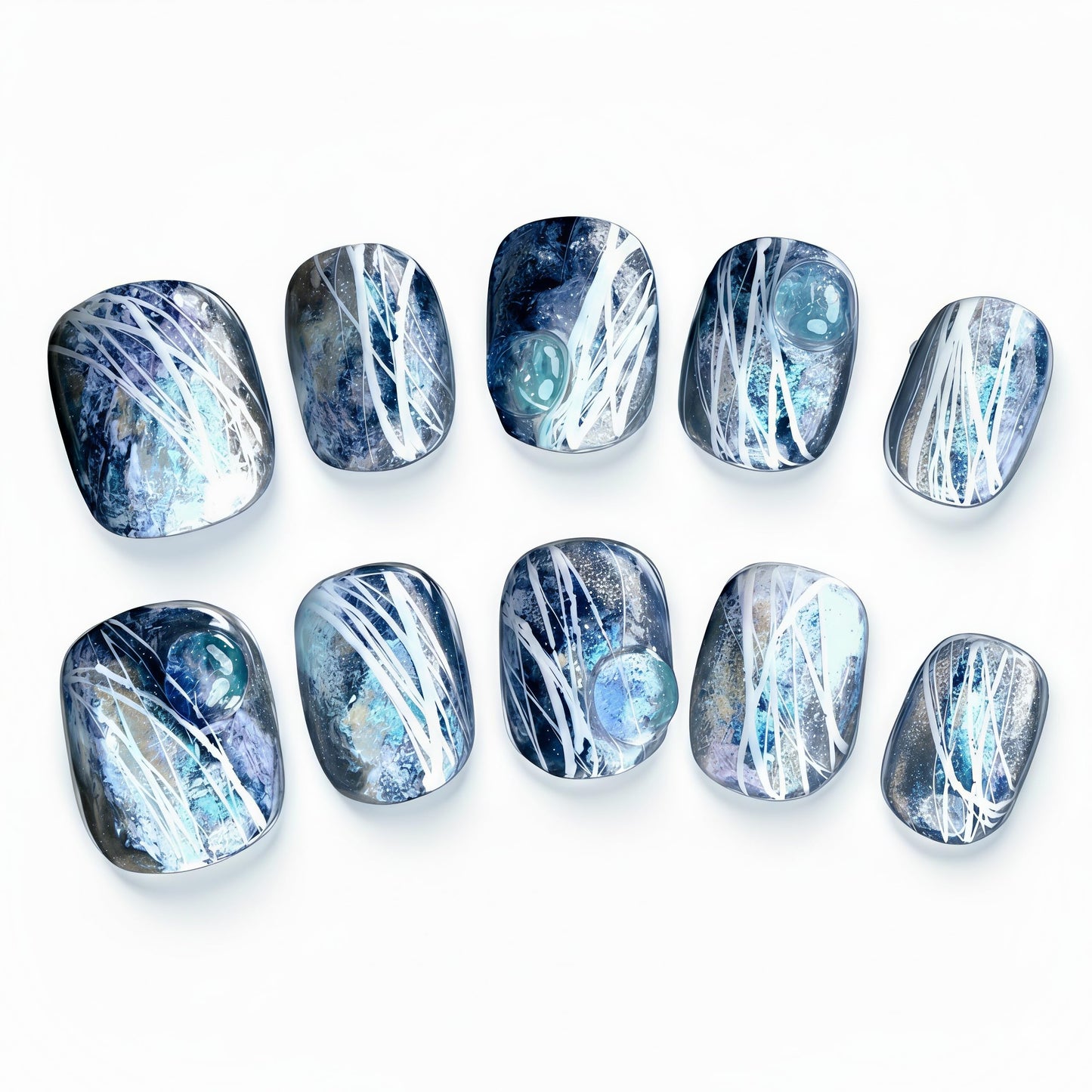Fine Point Midnight Nebula Press On Nails for Women, 10pcs Short squoval False Nails, Handmade Galaxy Marble with White Line Art, Reusable Glue On Nails, Fun Mothers Day Gifts (Size Small)