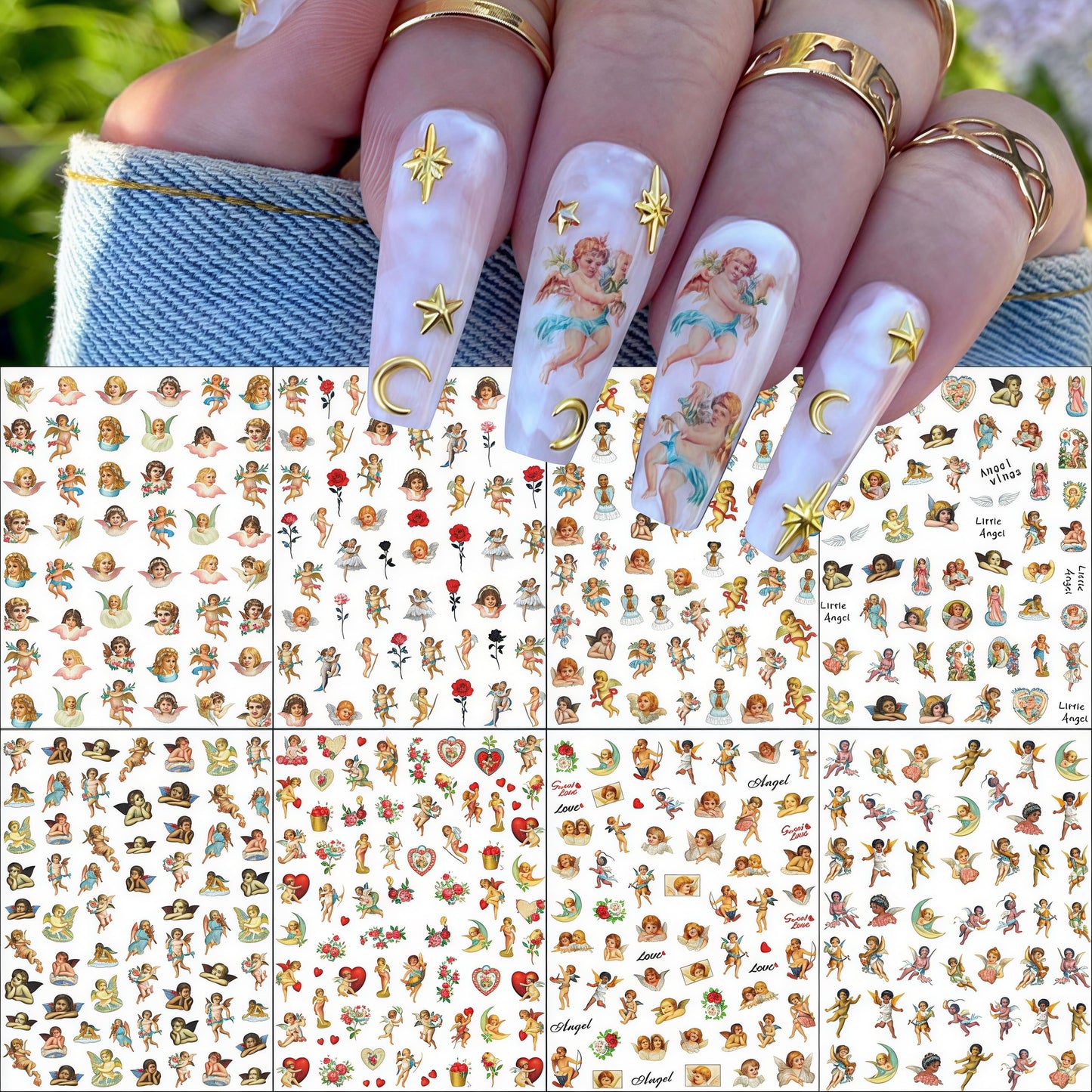 8 Sheets Angel Nail Art Stickers 3D Self-Adhesive Rose Flowers Nail Stickers Decals Cupid Love Heart Wings Nail Art Design Stickers Valentine's for Women Acrylic DIY Manicure Decorations
