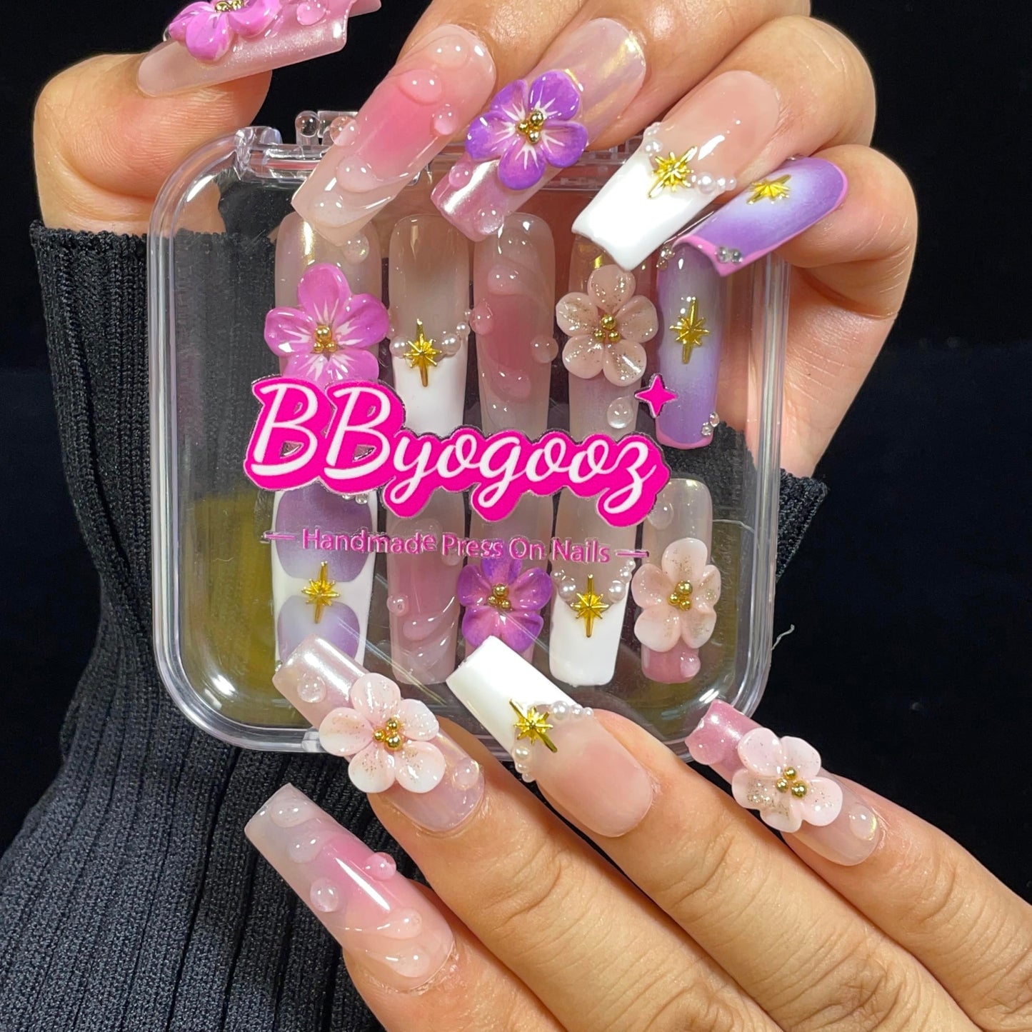 Handmade Press On Nails Medium/Long Square Pink 3D Sakura Design - Reusable French Acrylic Fake Nails with Gold Stars & Pearls, Luxury Cherry Blossom False Nails (Sakura, L)