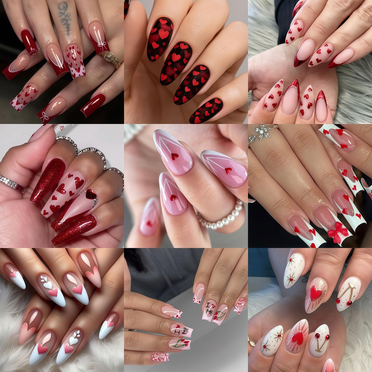 8Pcs Heart Nail Stickers Glitter Shiny Love Nail Decals 3D Self Adhesive Pearl Bow Cherry Nail Art Stickers Valentines Day Red Ombre Gold Hearts Designs Pink Heart French Line Nail Supplies for Women