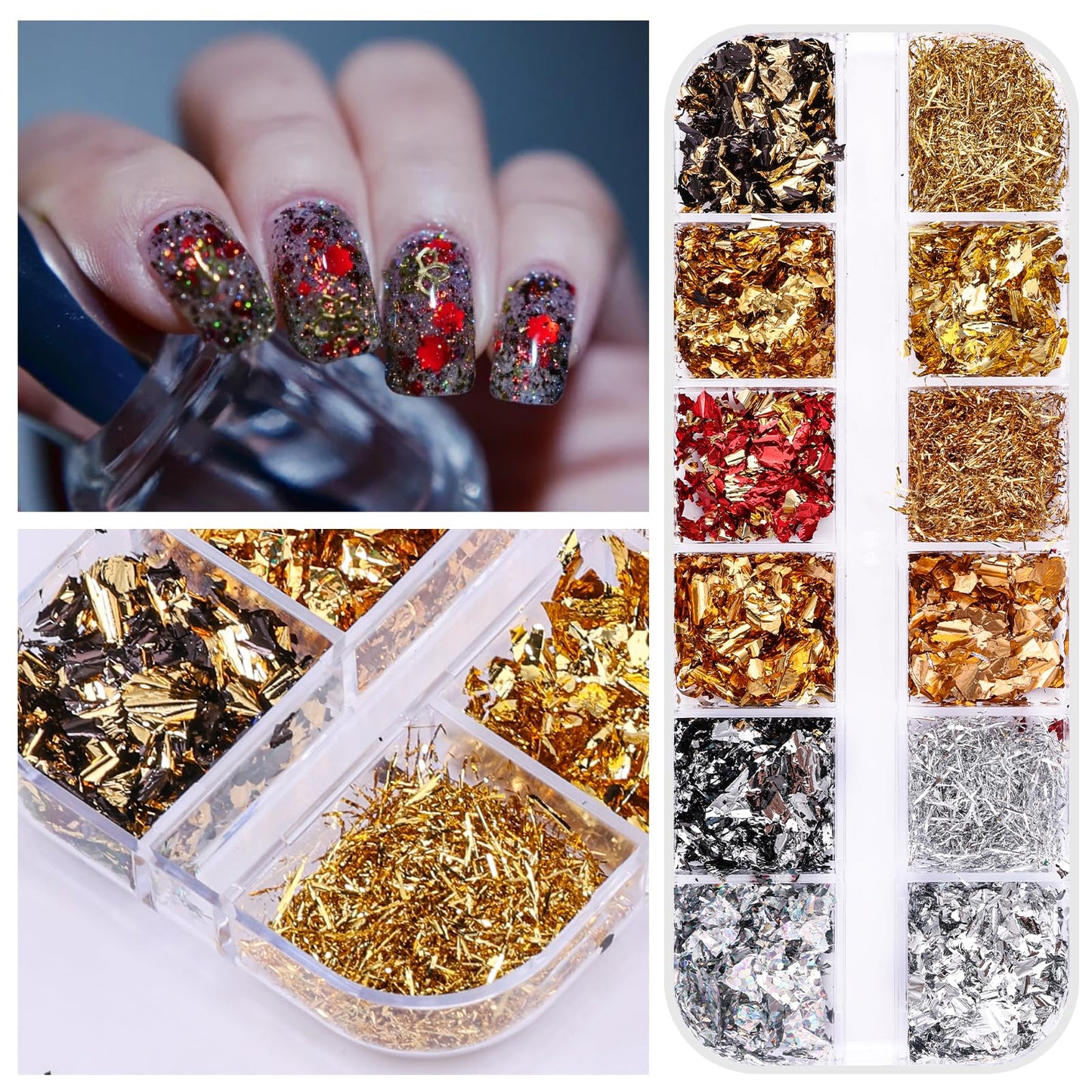 5 Boxes 60 Colors Holographic Nail Glitter Gold Foils Kit, Nail Foil Flakes Laser, 3D Irregular Thin Foil Nail Art Flakes Design Nail Sequins Supplies for Manicure Body Makeup Craft DIY
