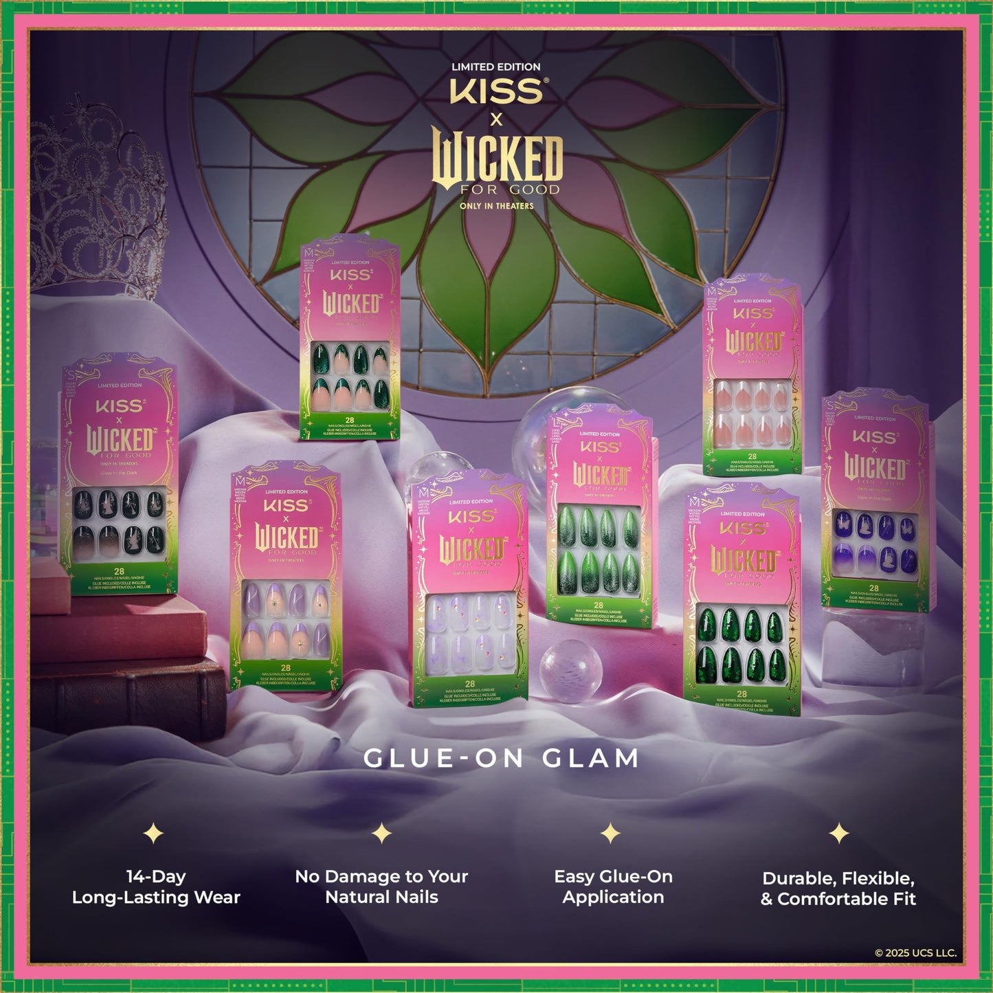 KISS X WICKED: FOR GOOD Press On Nails Almond, ‘I Feel Wicked’, Green, Long, Waterproof, Chip Proof, Smudge Proof, 28 Fake Nails, Pink Gel Nail Glue (2g), Mini Nail File, & Manicure Stick