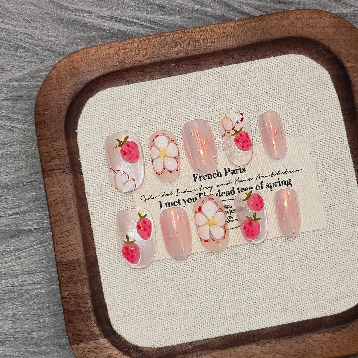 TENPAL Press on Nails 10Pcs with Tools Kit,3D Strawberry Spring Summer Pink Aurora Fake Nails,Cute Floral Almond Short Nails,Full Cover False Nails Simple Blush Glue on Nails Sweet Summer Nails(XS)