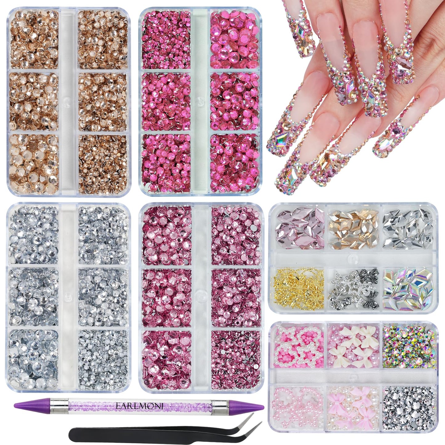 EARLMONI 12000PCS Flat Back Rhinestone Kits Pink Rhinestones Silver Face Gems Gold Nail Charms Flatback Pearls + Rhinestone Picker Tool 3D Shapes Nails Jewels for Bedazzling Face Makeup and Nail Art