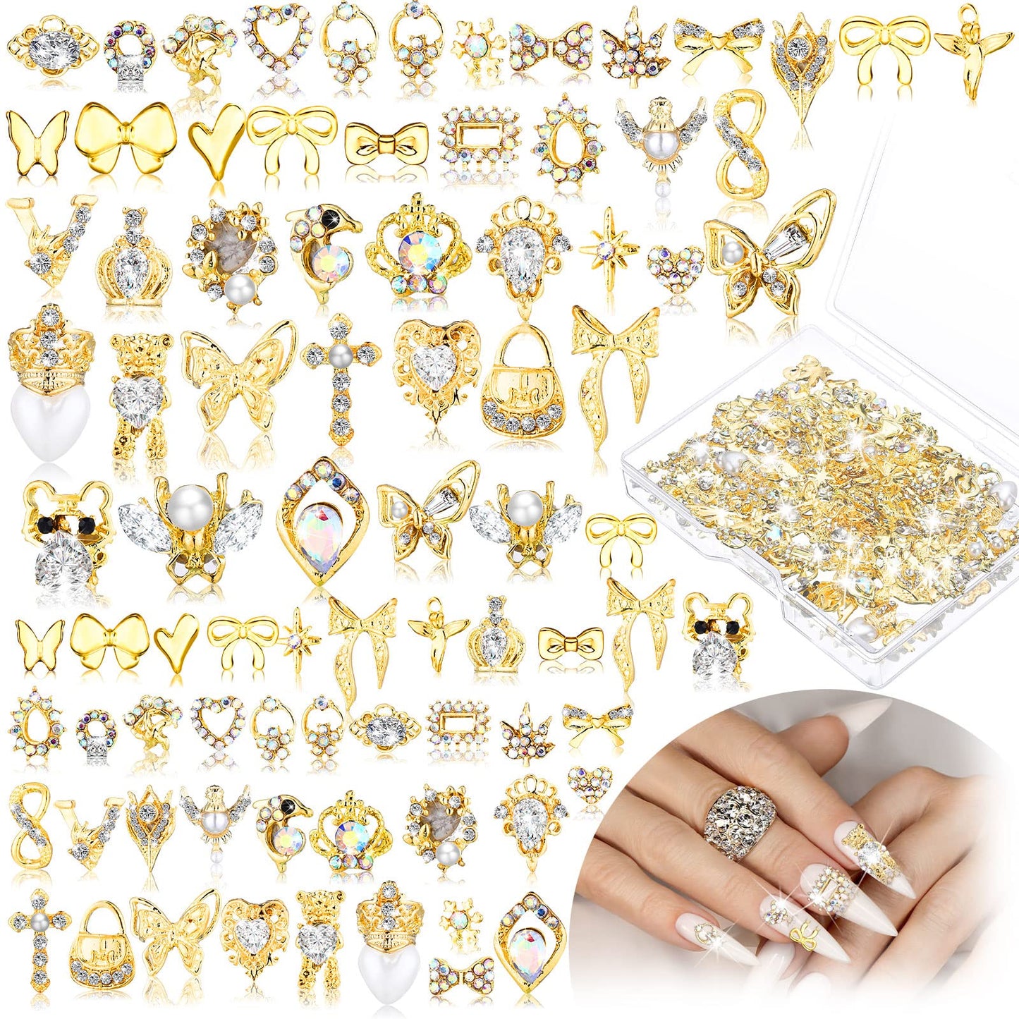 Lounsweer 100 Pcs Gold Nail Charms and Gems, 3D Gold Rhinestones Shiny Metal Crown Heart Butterfly Angel Luxury Crystal Diamonds Decor for Acrylic Nails Art Alloy Women Art Design DIY