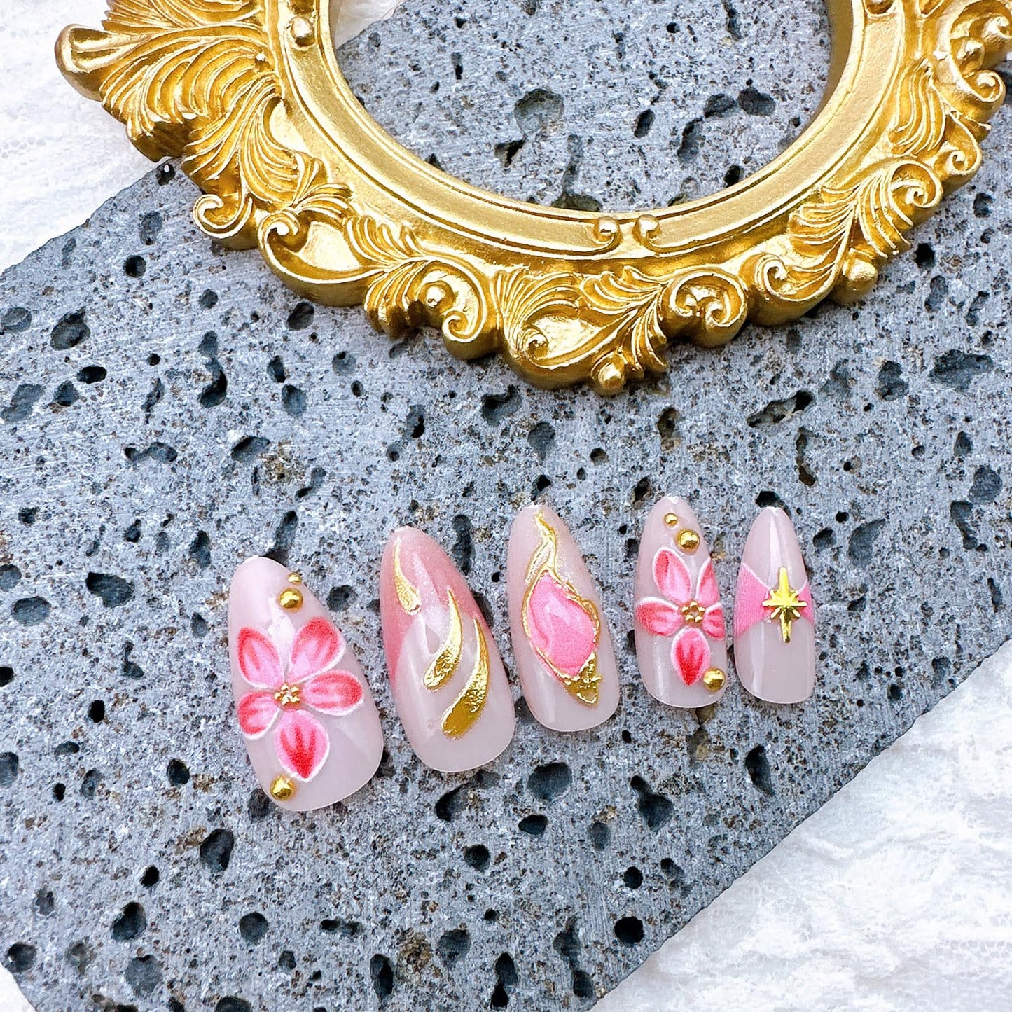 24Pcs Flower Press on Nails Medium Almond Fake Nails with Gold Beads Star Designs Full Cover Pink Acrylic Nails 3D Floral False Nail Set Pink Purple Floral Stick on Nails for Women Nail Supplies