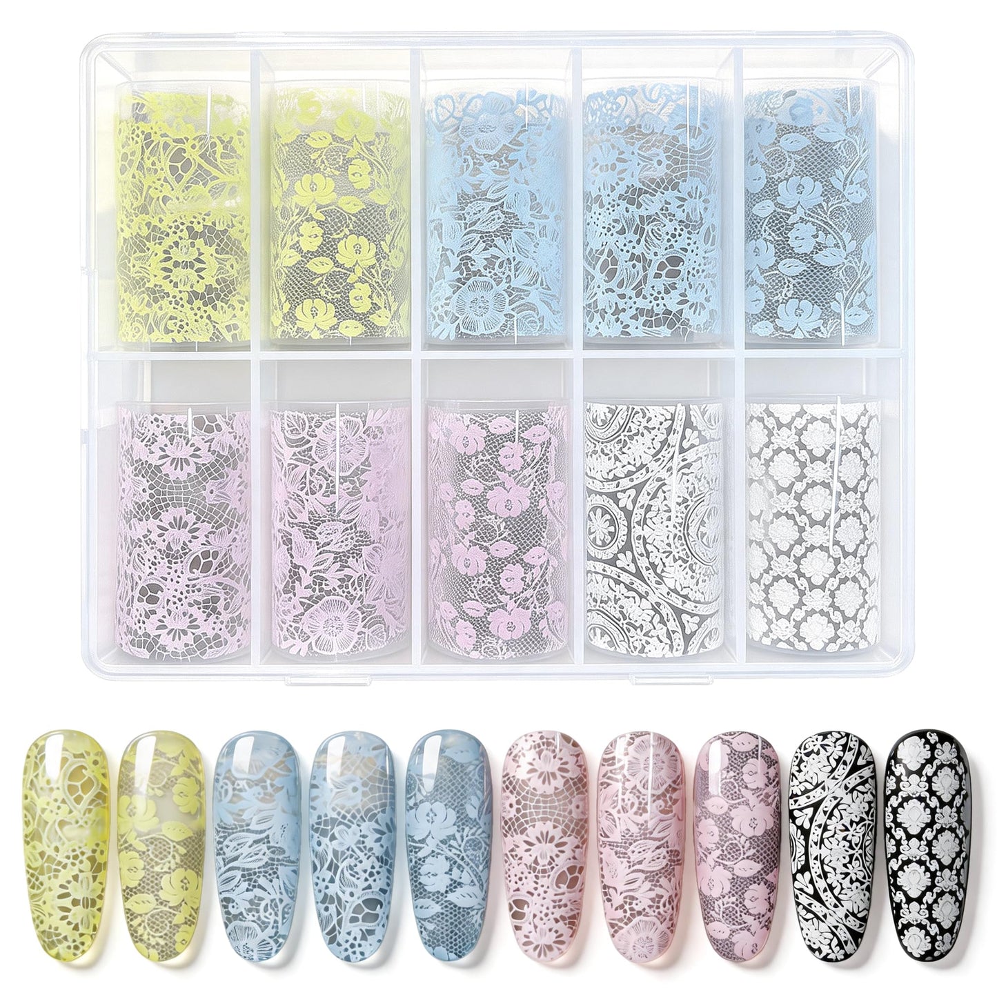 JERCLITY 10 Rolls Purple Blue Yellow White Lace Flower Nail Foil Transfer Stickers Nail Art Wraps