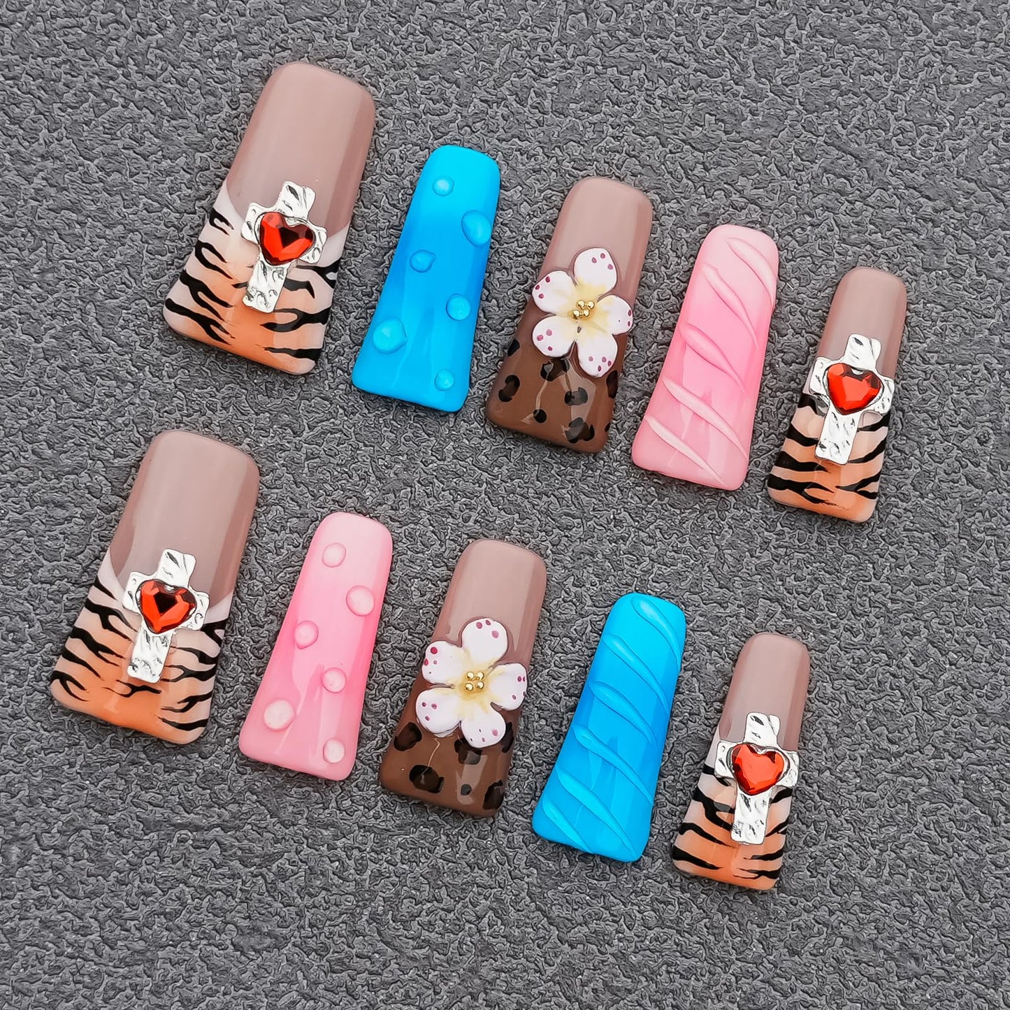Tesytto Long Duck Press-On Nails Handmade, Colorful Blue Pink Acrylic Fake Nails with 3D Charms, Brown Tiger Stripe & Flower Design, Multi-Layer Full Cover False Nails (Tame the Wild Heart, S)