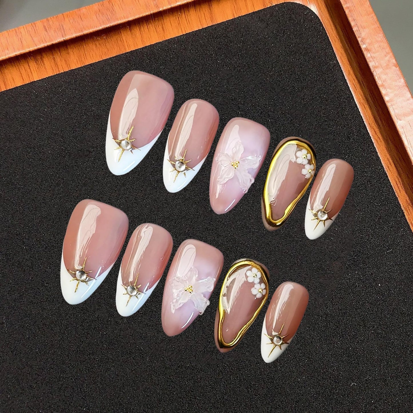 White French Tip Press on Nails Short Almond Fake Nails Handmade Press on Nails Flower False Nails Golden Embossed Designs Full Cover Muti-Layer Gel Stick on Nail Acrylic Nails for Women (Size M)