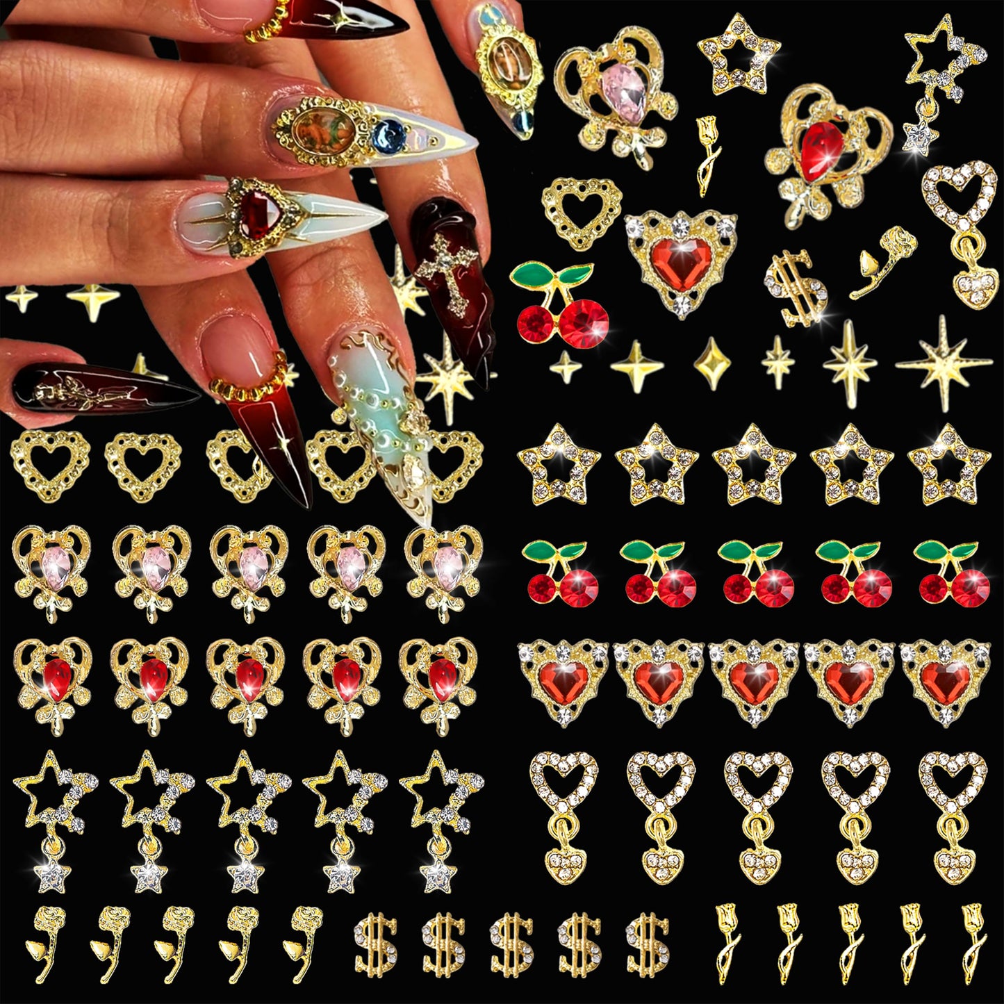 ZAKCBEAUR 350 Pcs Gold Nail Charms with Stars, Hearts, Dollars, Cherries, Roses for Women Nail Art Decoration DIY Craft