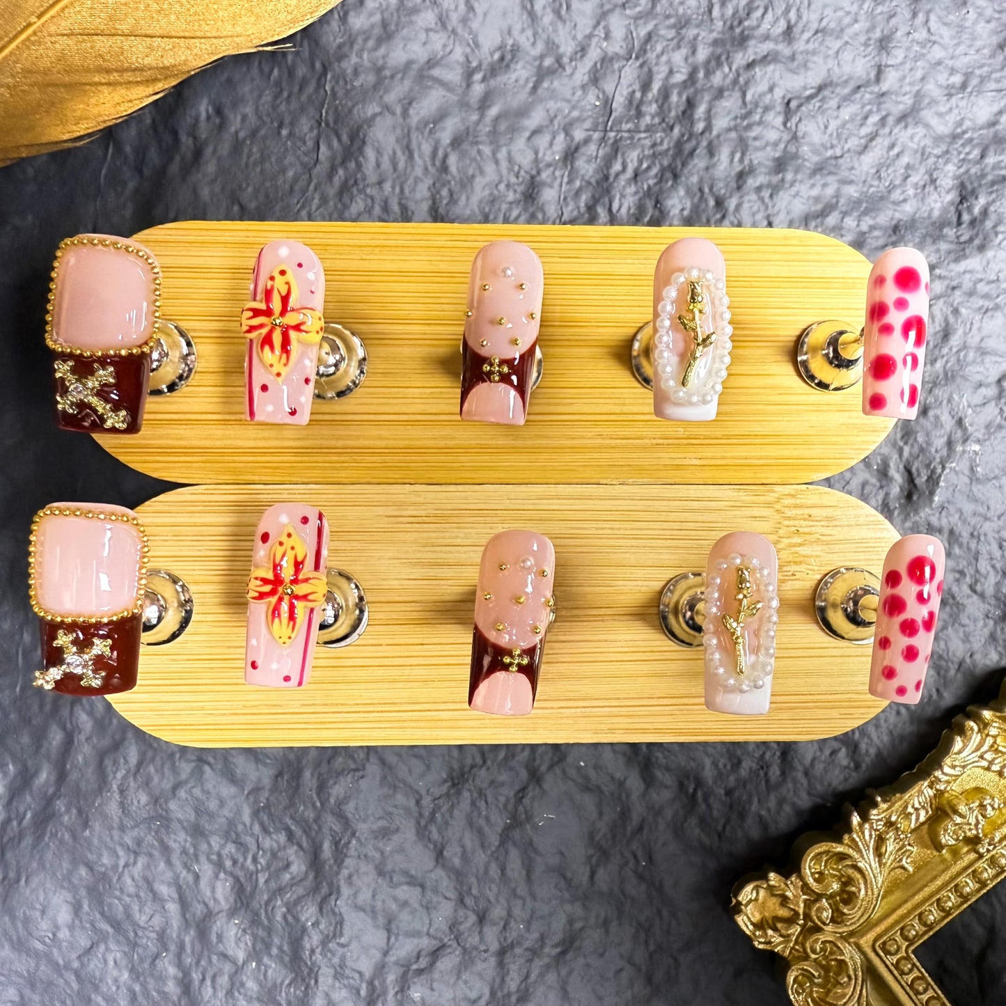 Handmade Press On Nails Square Medium Golden Floral Handmade Nails 3d Floral French Reusable Wedding Prom And Festival Gift Handmade Acrylic Press On Nails (Medium)