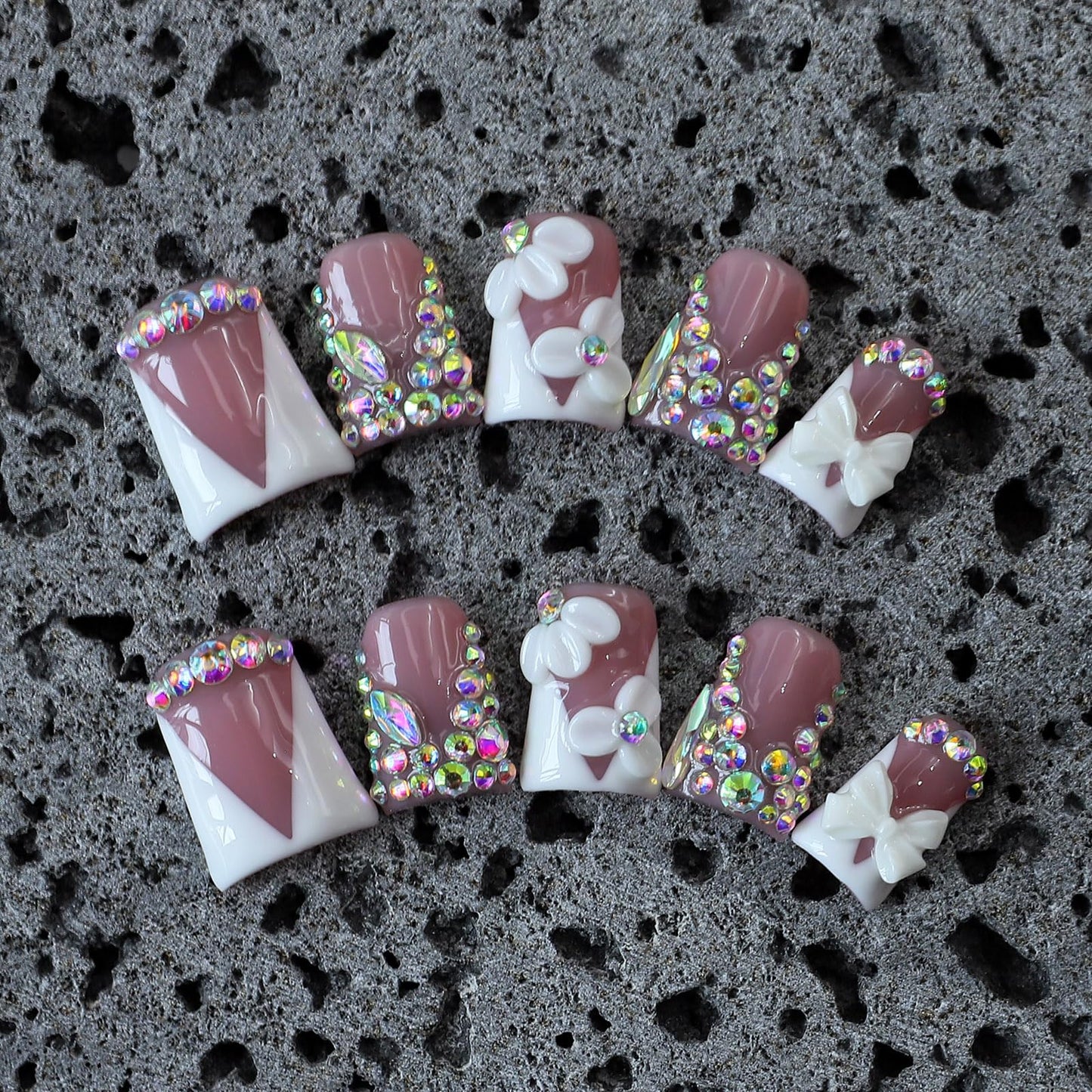 10Pcs Short Duck Press on Nails Handmade Fake Nails French Tip False Nails with 3D Flower Bow Rhinestone Design Handmade Acrylic Nails Press ons Spring Summer Flower Stick on Nail for Women (M)