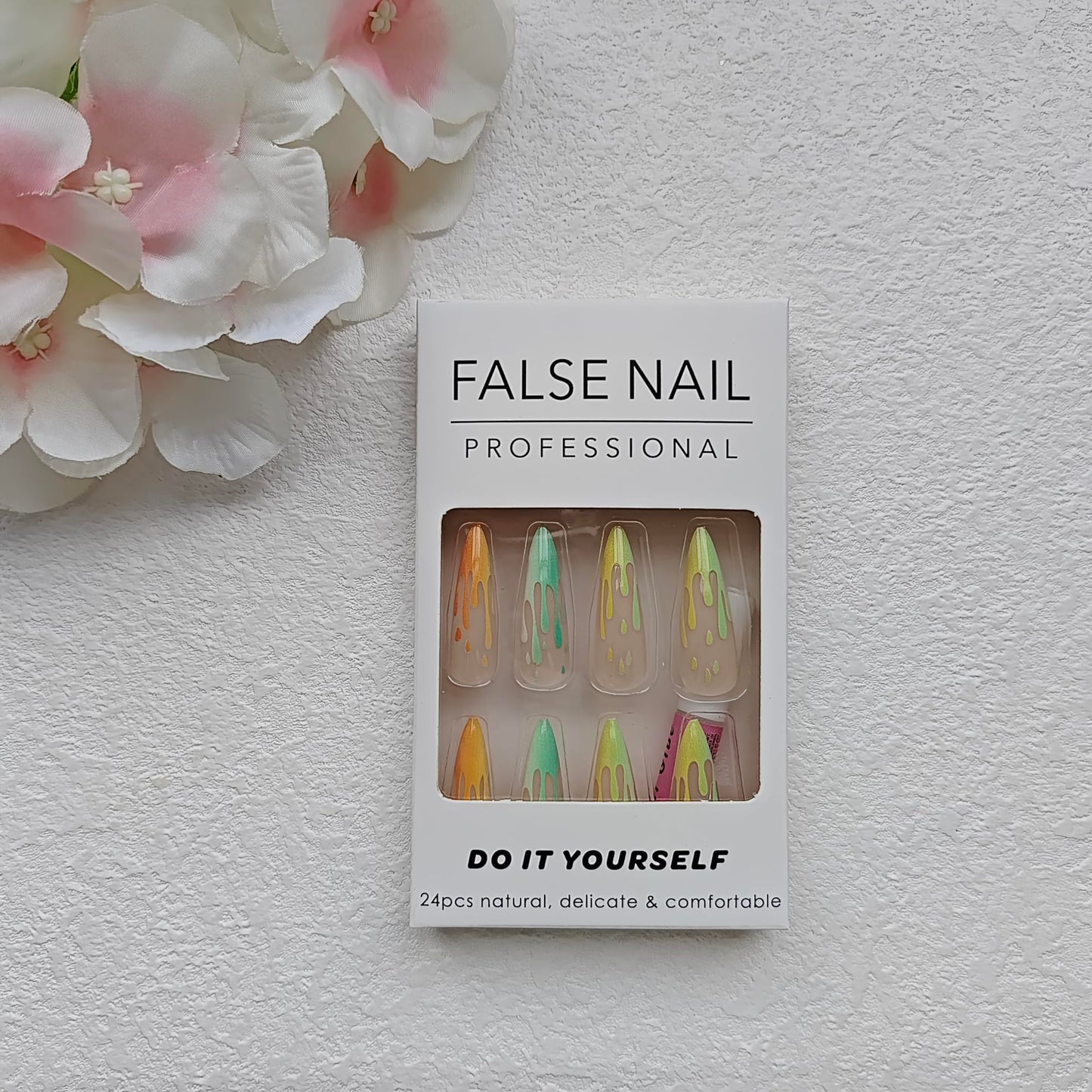 Rilafuvu 24Pcs Long Fake Nails Almond Press on Nail French Tip Glue on Nails Rainbow Ice Cream Design Acrylic Nails Almond Nails for Women and Girls
