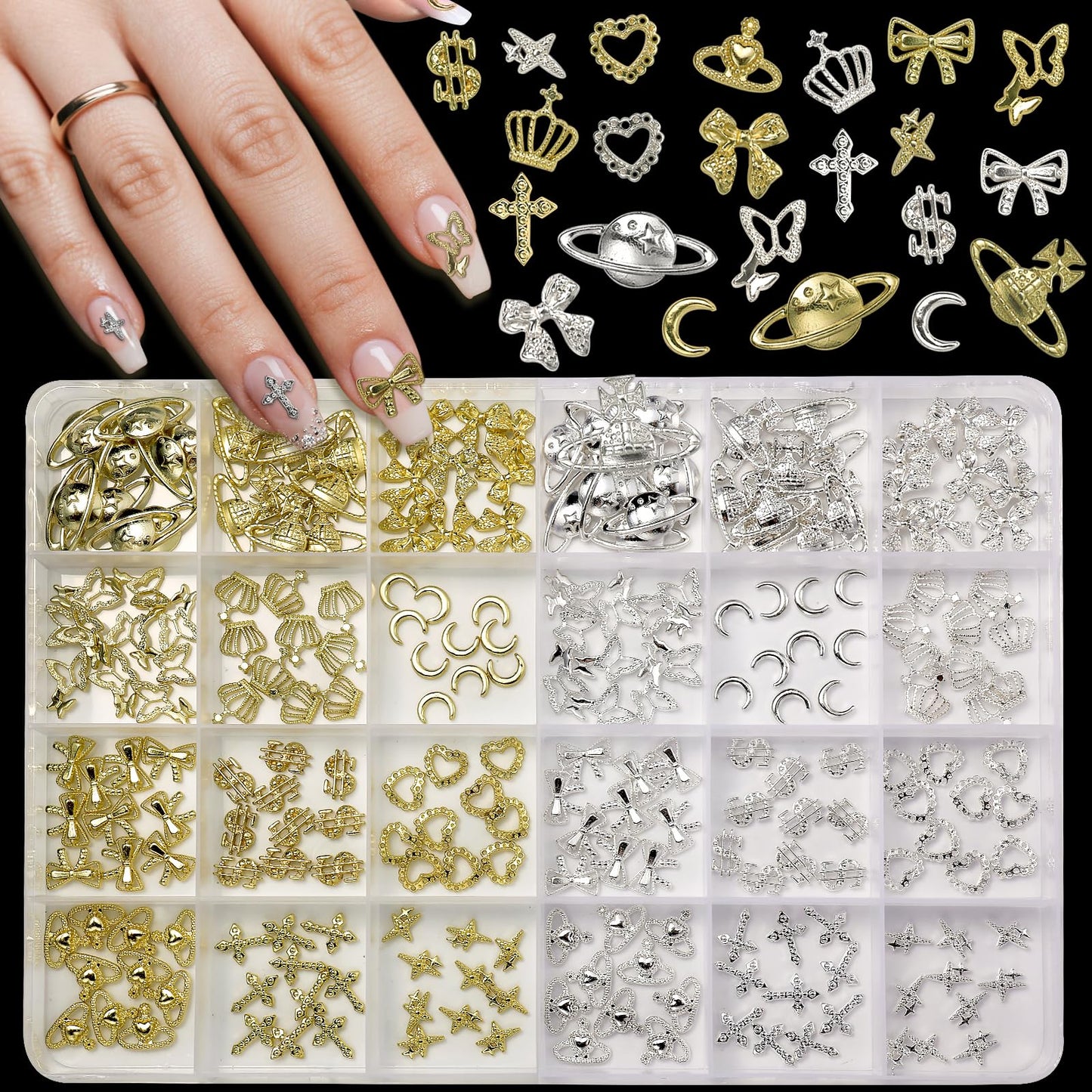 240 Pcs Alloy Gold Silver Nail Charms, Heart Star Butterfly Bow Moon Crown Cross Dollar Planet Nail Art Charms, 3D Y2K Metal Gold Silver Nails Charm and Gem for DIY Nails Design Craft