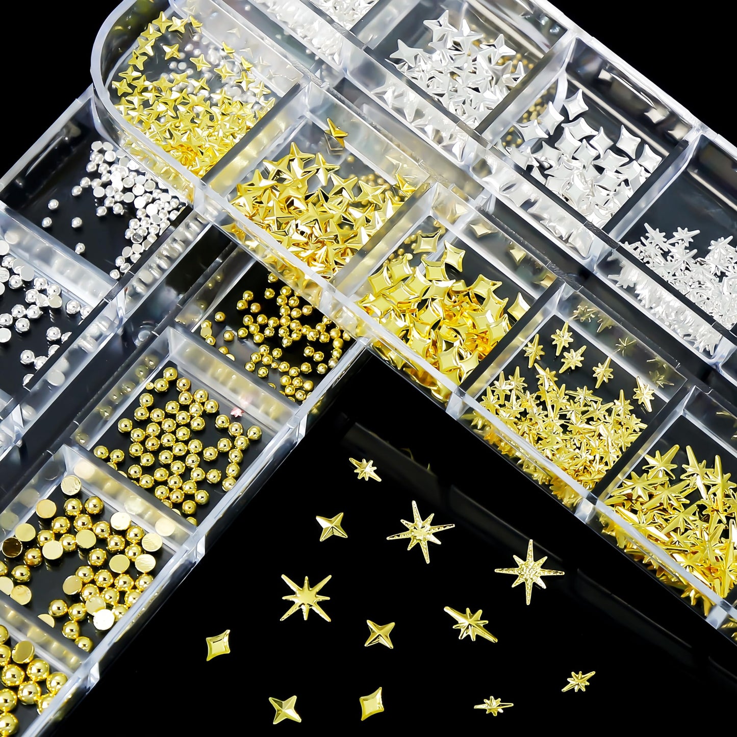 2Box Star Nail Charms for Nails Art 3D Gold Star Nail Charms Metallic Silver Studs Rhinestones Stars Nail Jewelry Decorations Small Round Caviar Beads Nail Supplies for Women Acrylic Manicure Salon