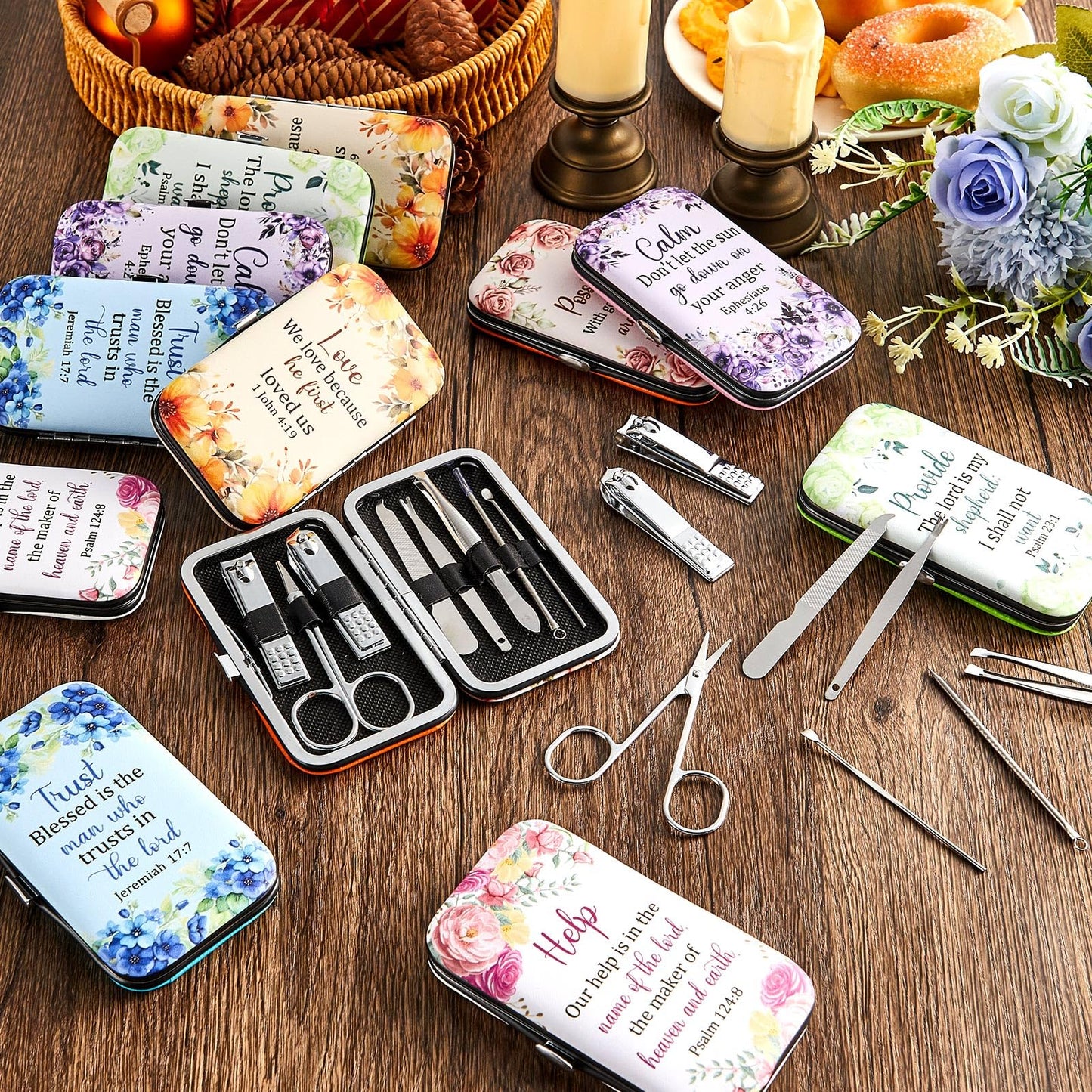 6 Sets Christian Gifts Bulk for Women Bible Verse Manicure Kit Religious Nail Clipper Gifts Floral Scripture Stainless Nail Gift 8 in 1 Church Bible Manicure Sets for Staff Women Party Supplies