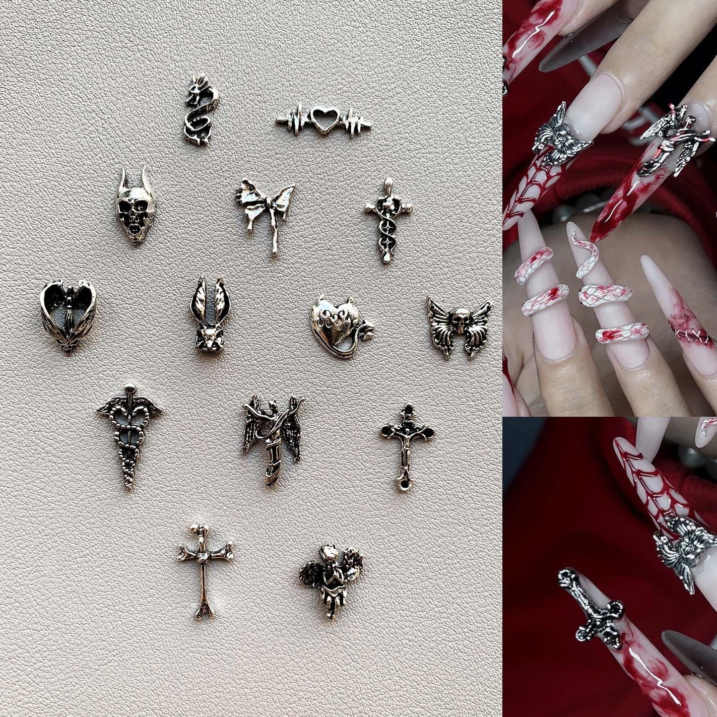 130pcs 3D Silver Goth Nail Charms Y2K Chrome Nails Art & DIY Punk Bracelet Accessories, Vintage Alloy Cross Butterfly Heart Skull Acrylic Charm for Women Nails, Metal Necklace Supplies