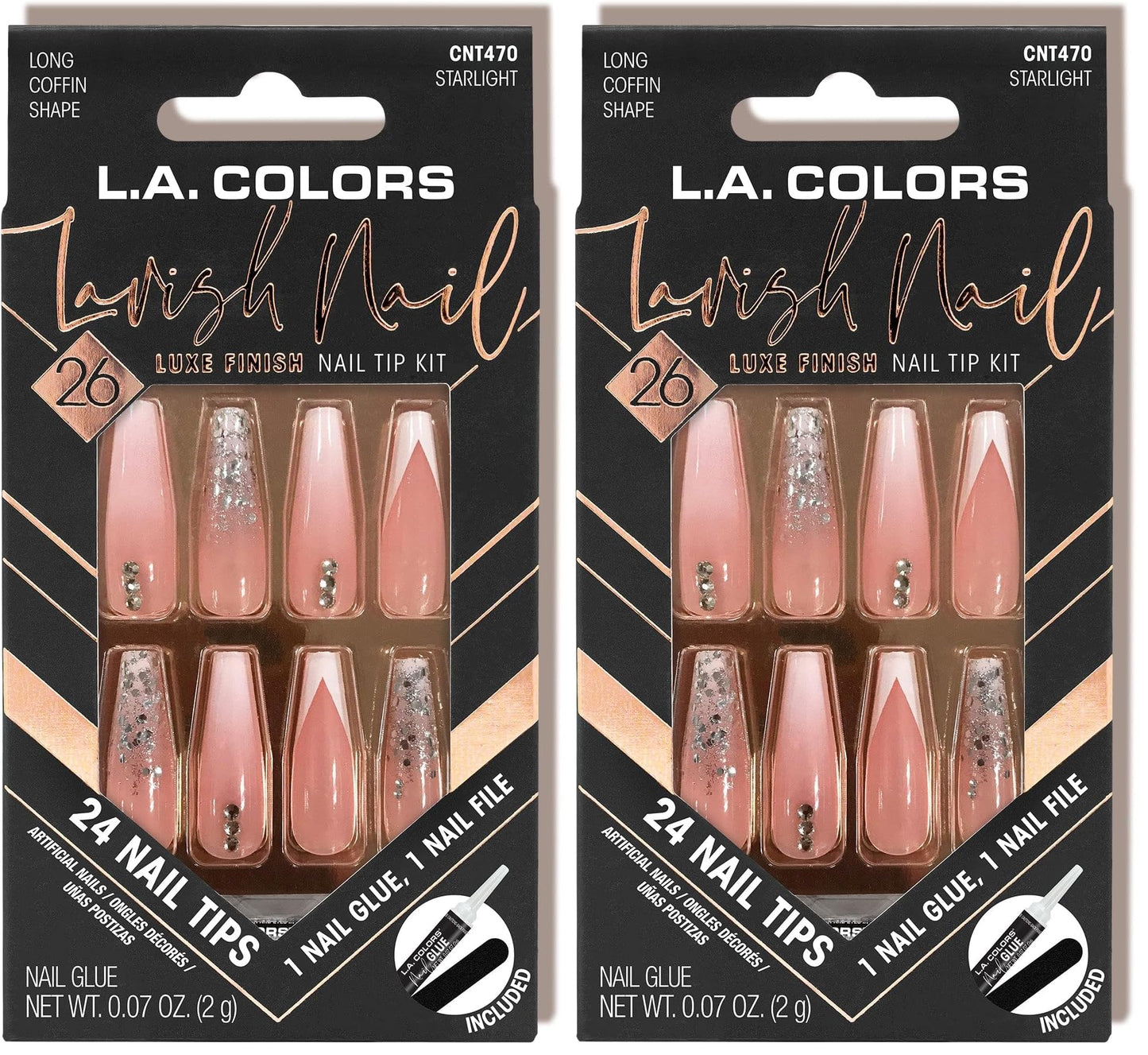 L.A. COLORS Lavish Nail Luxe Finish Nail Tip Kit (carded), Starlight CNT470 (Pack of 2)