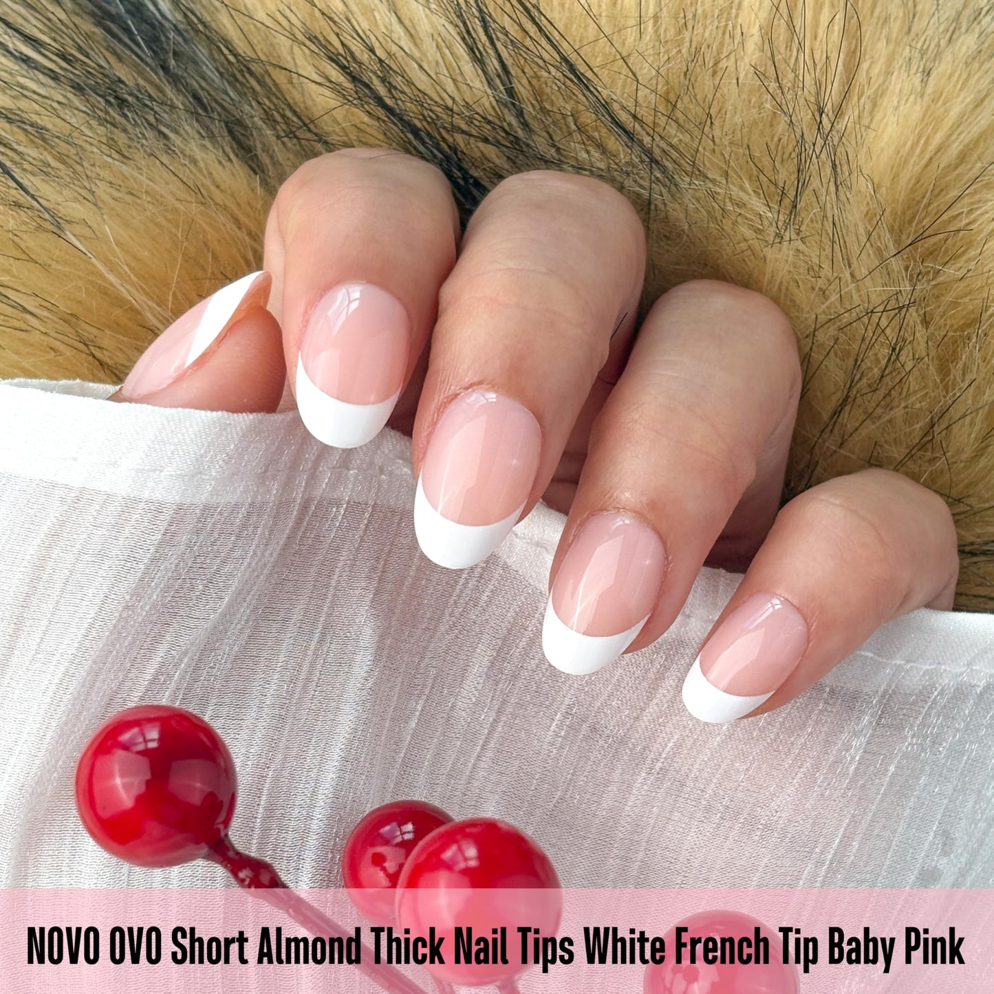 NOVO OVO Extra Short White French Tip Almond Nail Tips Press on BABY PINK, Thick Soft Gel Fake Acrylic Extension, Need Builder Gel Top Coat, No Glue Included, for Salon DIY x 16 Sizes 224 pcs