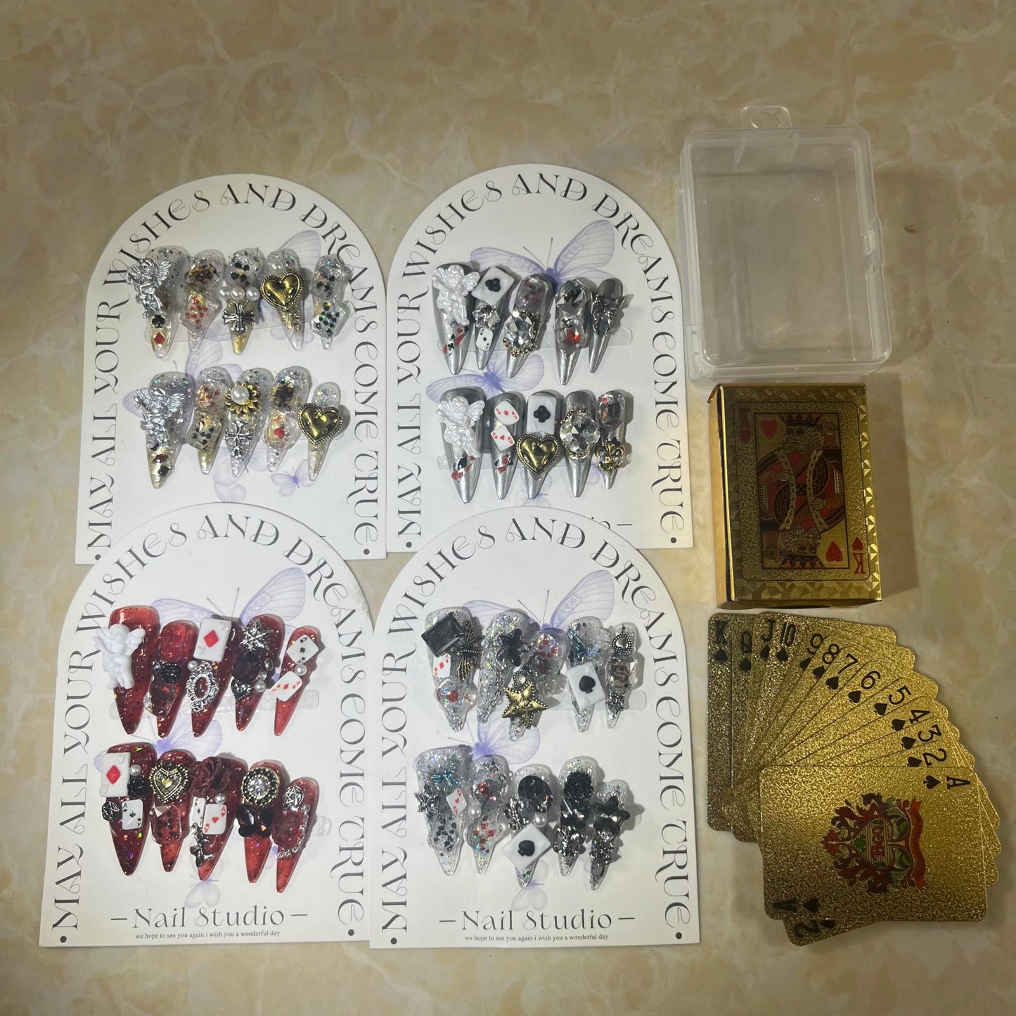 Mystery Box Random 4Pack(40Pcs) Handmade Nails Manual Press on Nails Poker Playing Pard Nails Manicure Charms Nails Art Nail Kit for Women Party Holiday Photo Wedding 30mm Long Size L