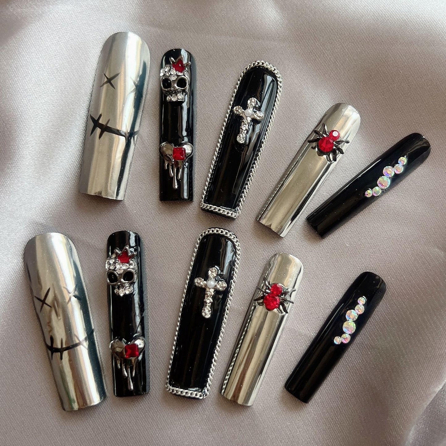 NAIL ANGEL 10PCS/SET Glamorous Handmade Press On Nails Dark Metal 3D Cross Spider Charms Red French Style Long Coffin Nails Party Nails XXL Long Artifical Tips ZJ-12 (ZJ12, S)