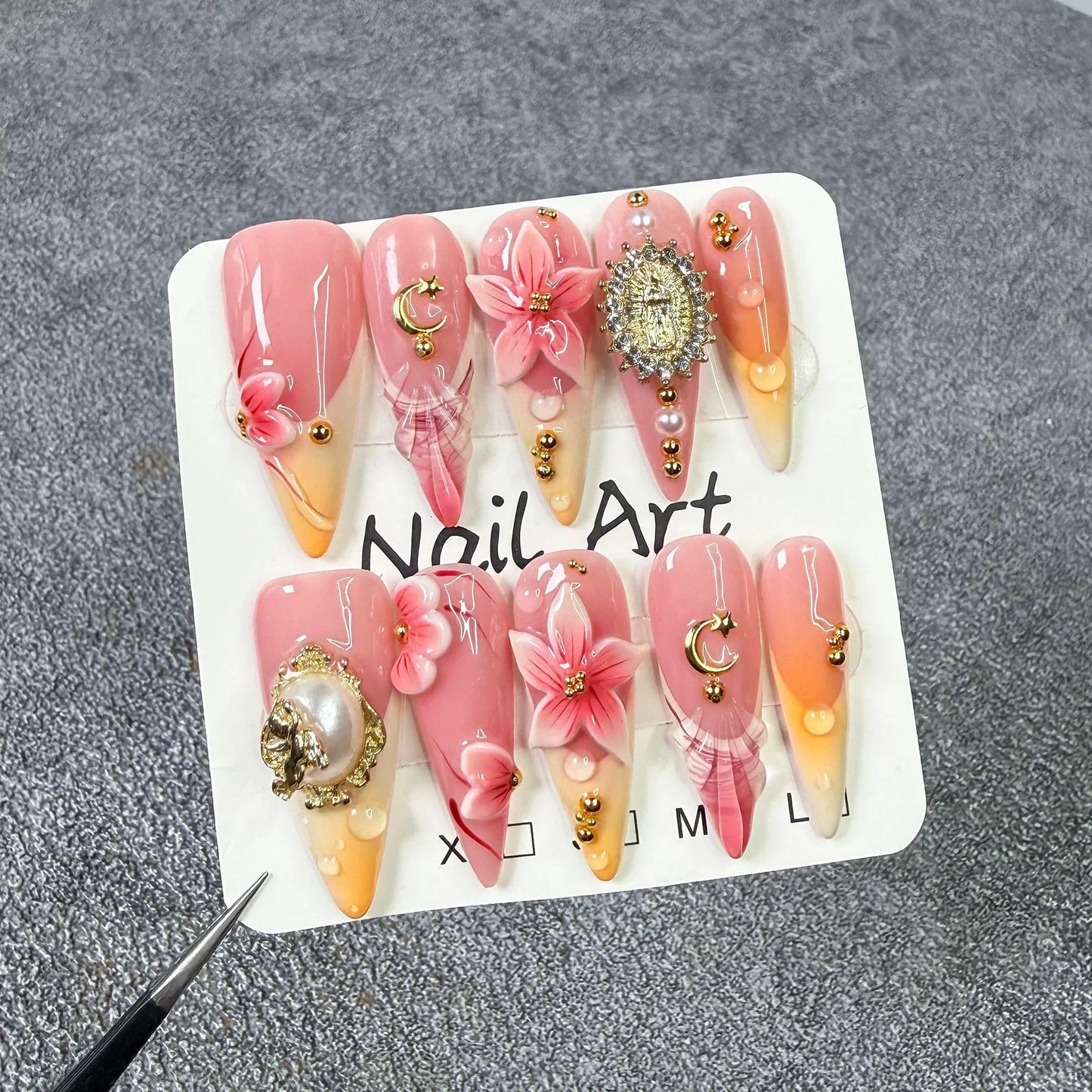 Threelegscat Handmade Press on Nails Long Almond Shape Fake Nails Stiletto Nail With Design for Women and Girls 10pcs Size M Pattern St1152
