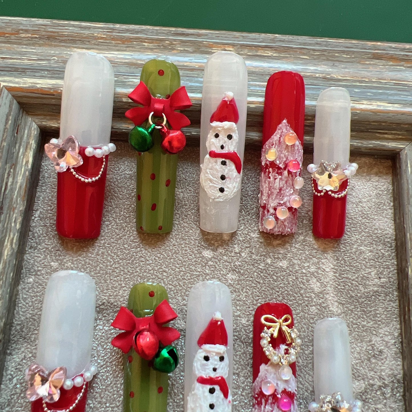 NAIL ANGEL 10PCS/SET Glamorous Handmade Press On Nails Christmas Xmas Holiday Bell Snowflake French Style Long Coffin Nails Party Nails XXL Long Artifical Tips ZJ14 (ZJ14, M)