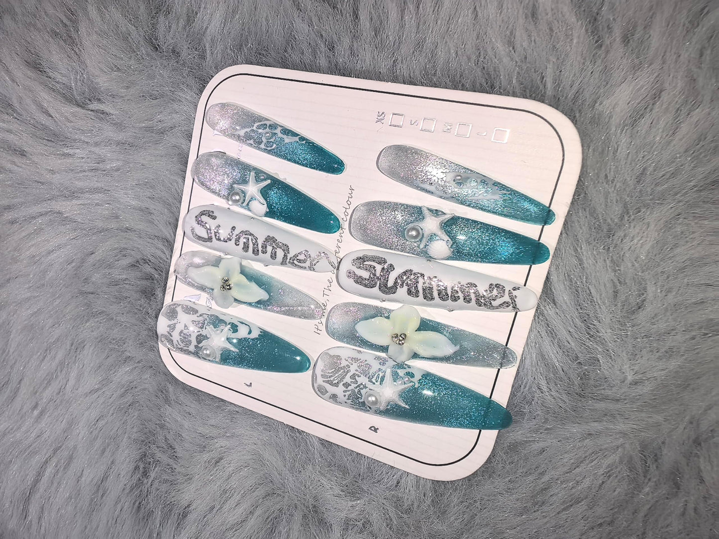 Summer Ocean Themed Press On Nails, Starfish & Floral Embellished Extra Long Stiletto Fake Nails, Reusable Manicure Set (L)