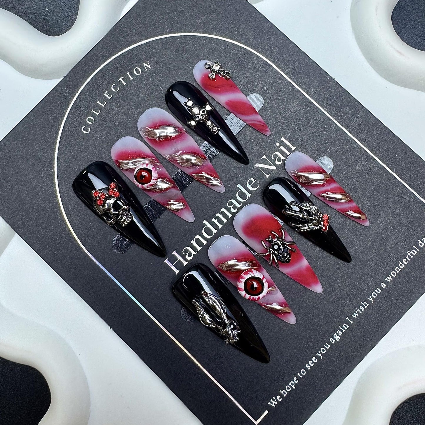 100% 5D Handmade Press on Nails Halloween Nails Balck Long Stiletto Nails Press ons Gothic False Nails with Skeleton Evil Eye Spider Charms Fake Nails for Women Girls Daily Wear DIY Manicure Size L