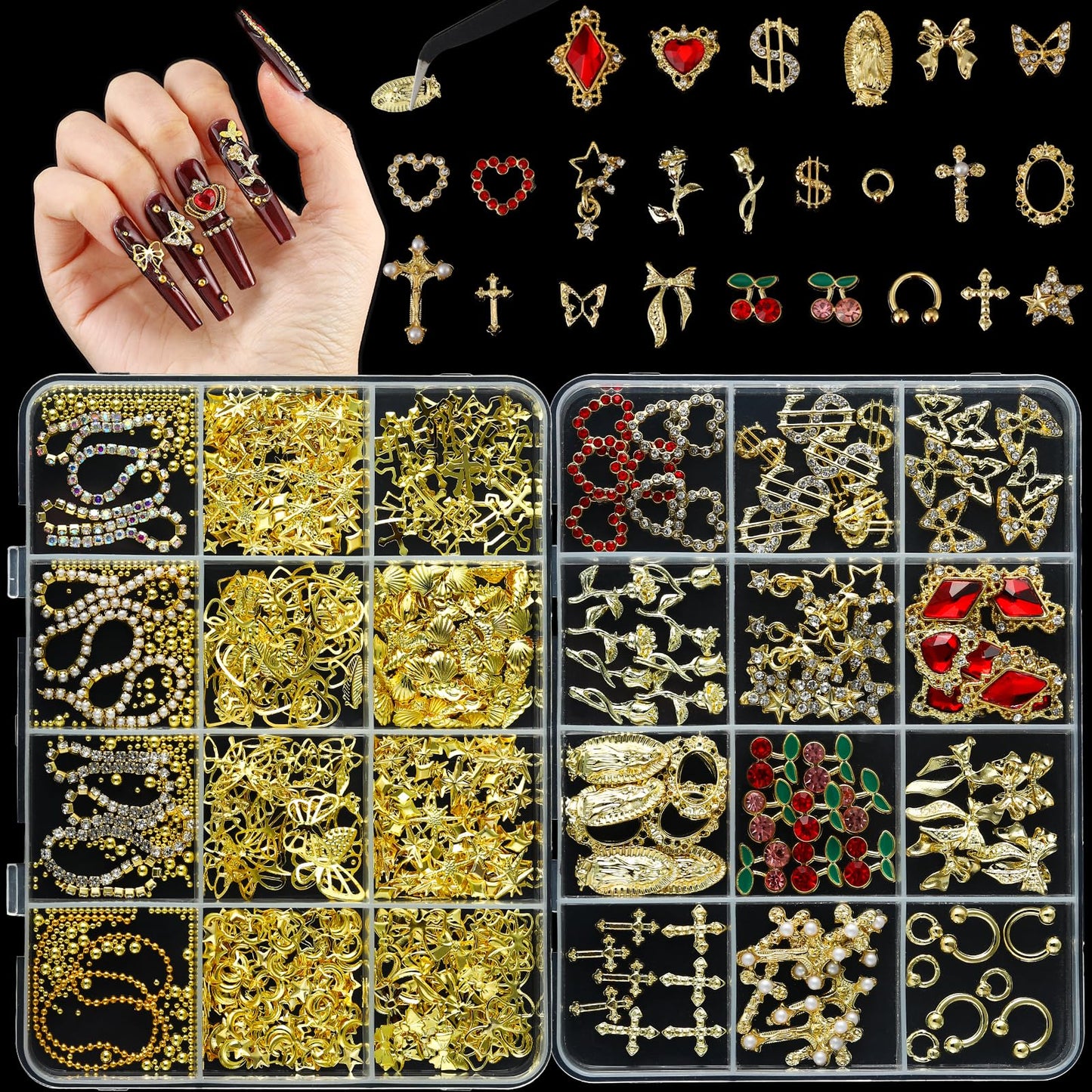 LERBOU Gold Nail Charms and Gems Set, 4 Boxes DIY Nail Decorations Kit, Gold 3D Cross Flowers Nail Art Charms, Champagne Rhinestones Gems Charms Y2K for Nails, Cool Punk Style Nail Charms