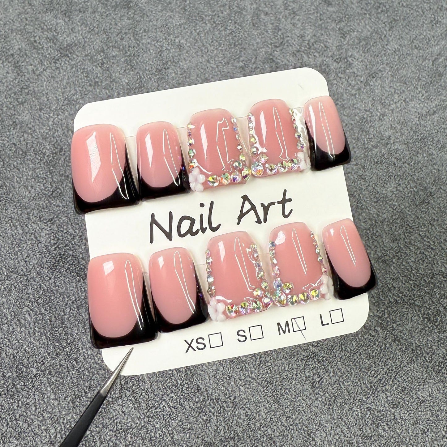Handmade Press on Nails Muti-Layer Gel Acrylic Nail Short Duck Black French Tip Fake Nails Flower & Rhinestones Designs Luxury Handmade False Nail Art Full Cover Thickened Stick on Nails for Women (S)