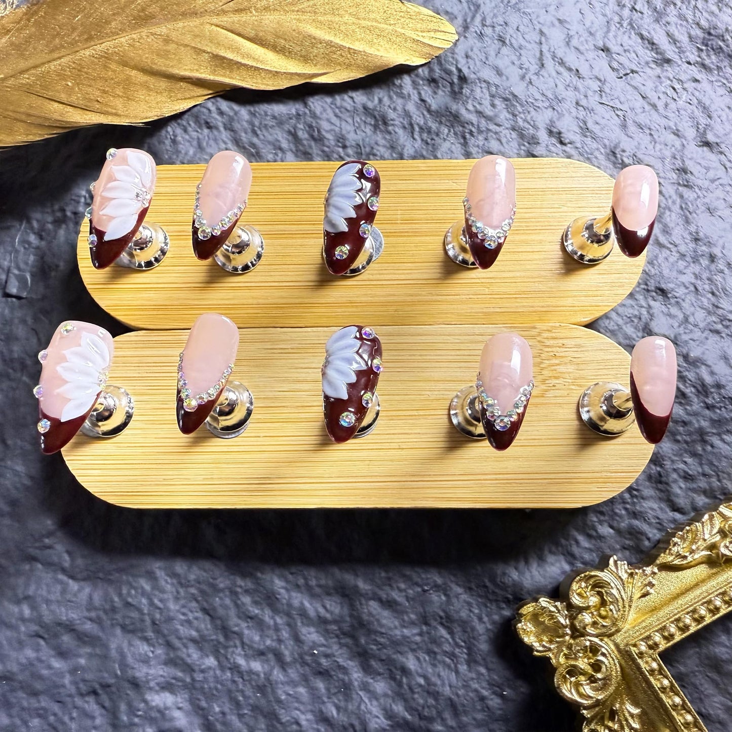 Handmade Press On Nails Almond Medium Elegant Cherry Red French With Rhinestone Detail Handmade Nails 3d Dloral Reusable Wedding Prom And Festival Acrylic Press On Nails (Short)